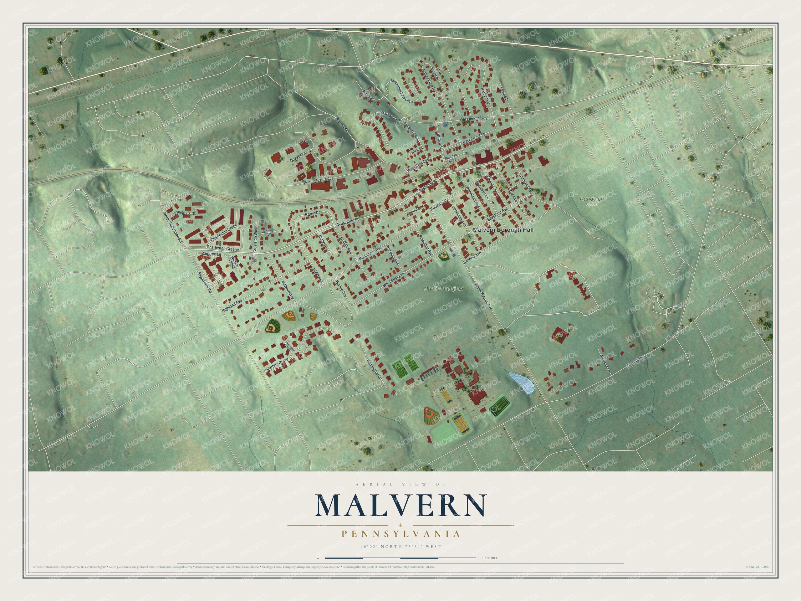 Full map of Malvern, Pennsylvania, with red buildings, printed street names and the land around them