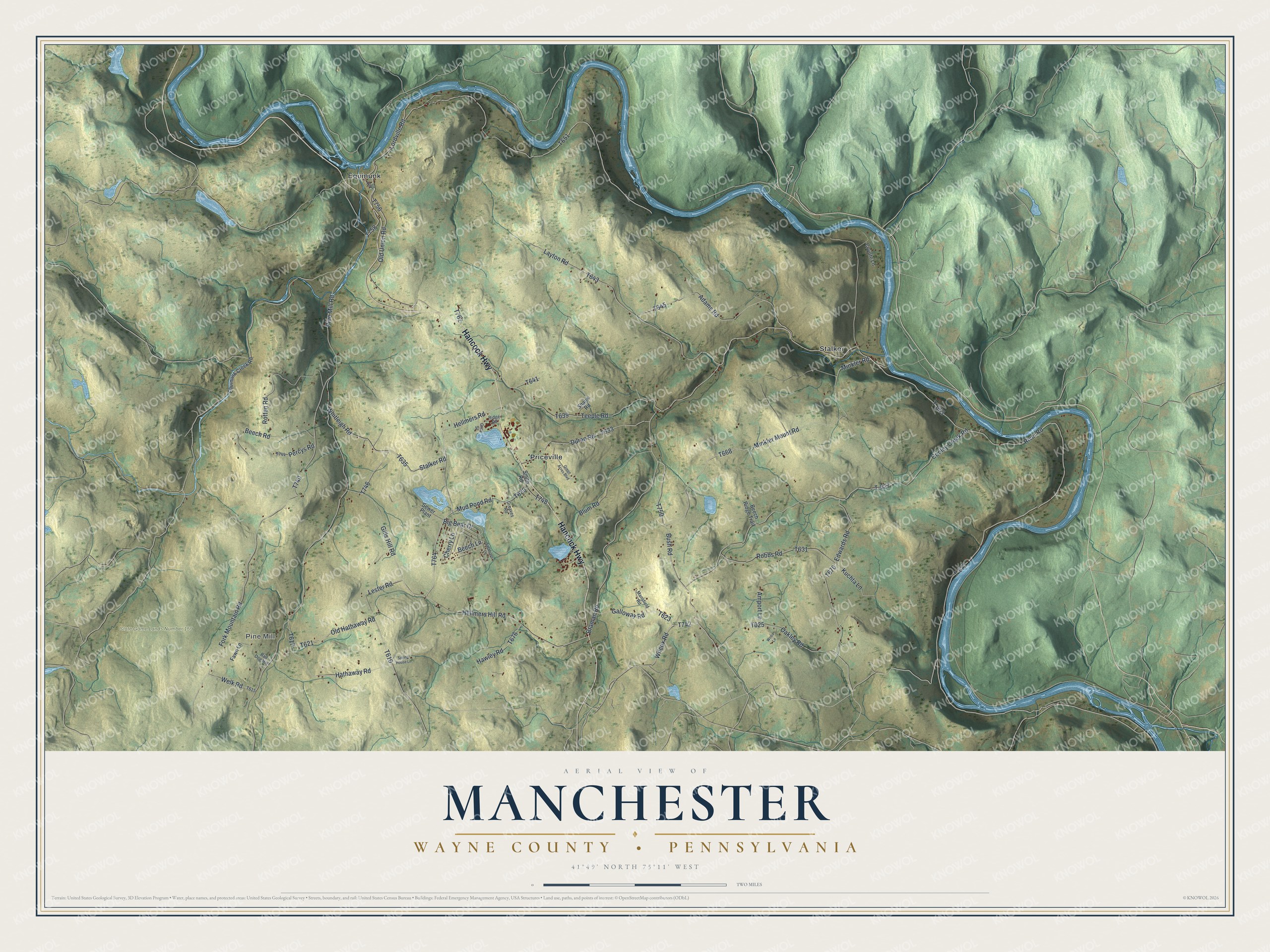 Full map of Manchester, Wayne County, Pennsylvania, with red buildings, printed street names and the land around them