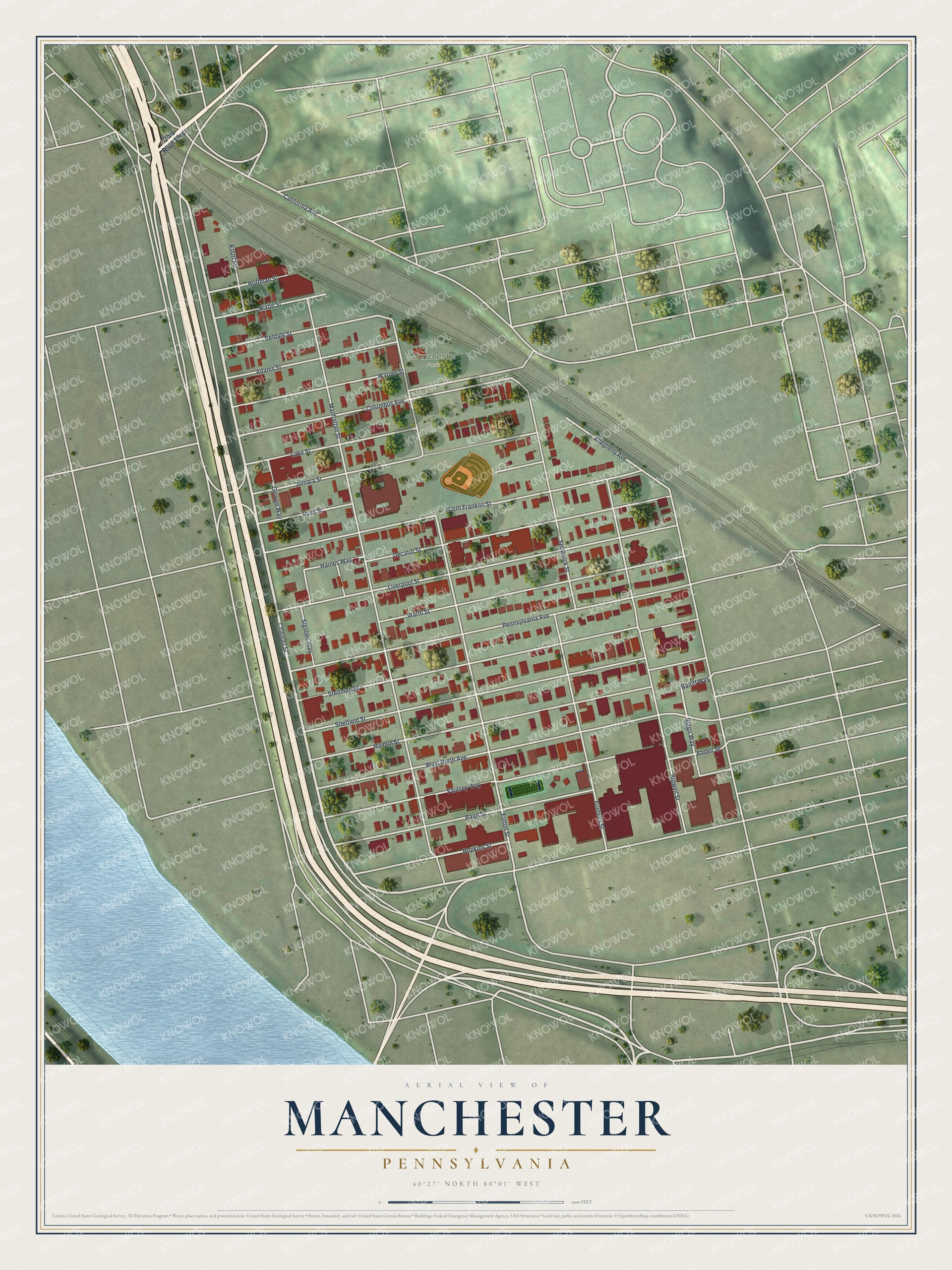 Aerial-style map of Manchester, Pennsylvania, with red buildings on a street grid beside a highway and a river