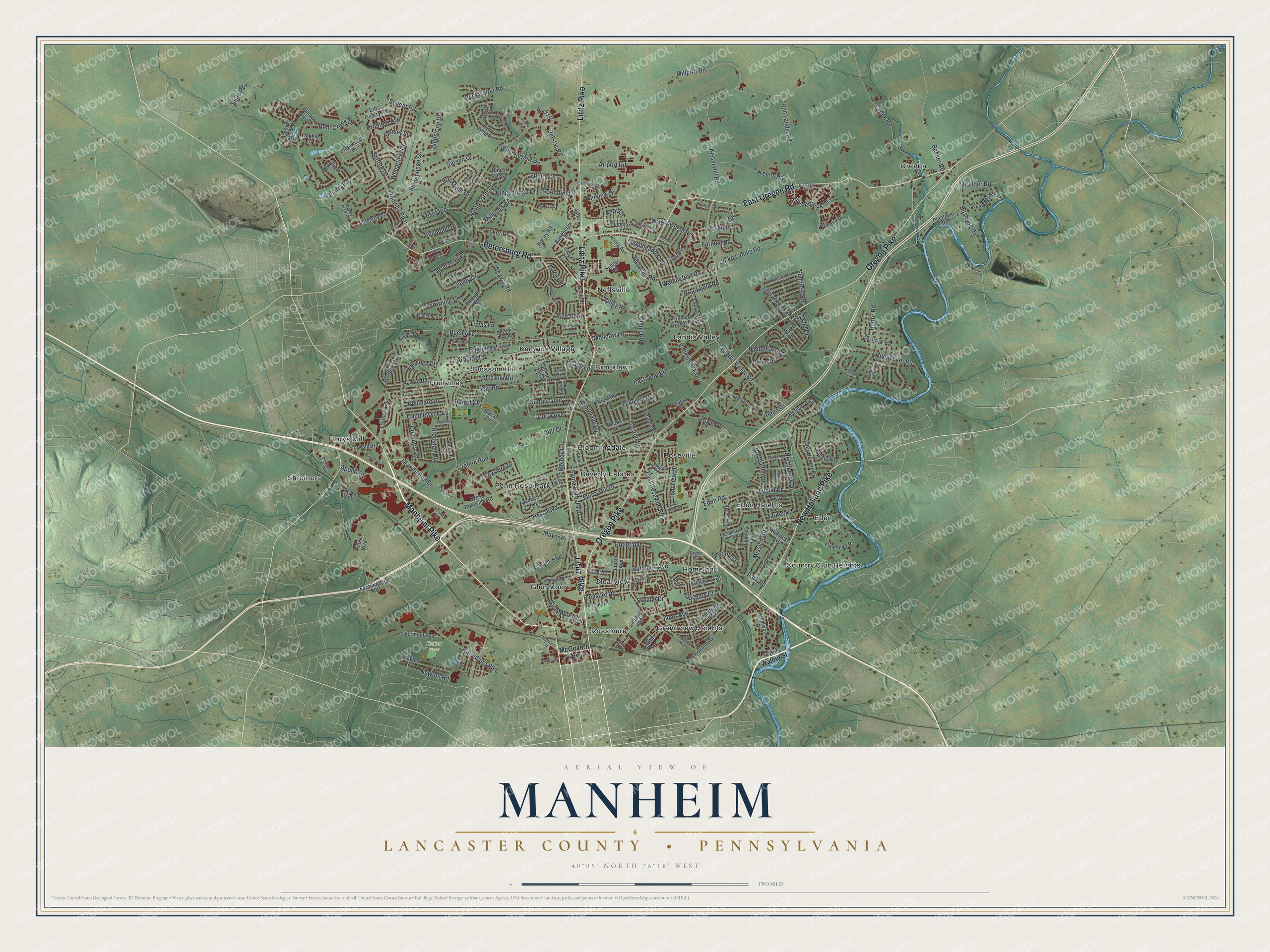 Full map of Manheim Township, Lancaster County, Pennsylvania, with red buildings, printed street names and the land around them