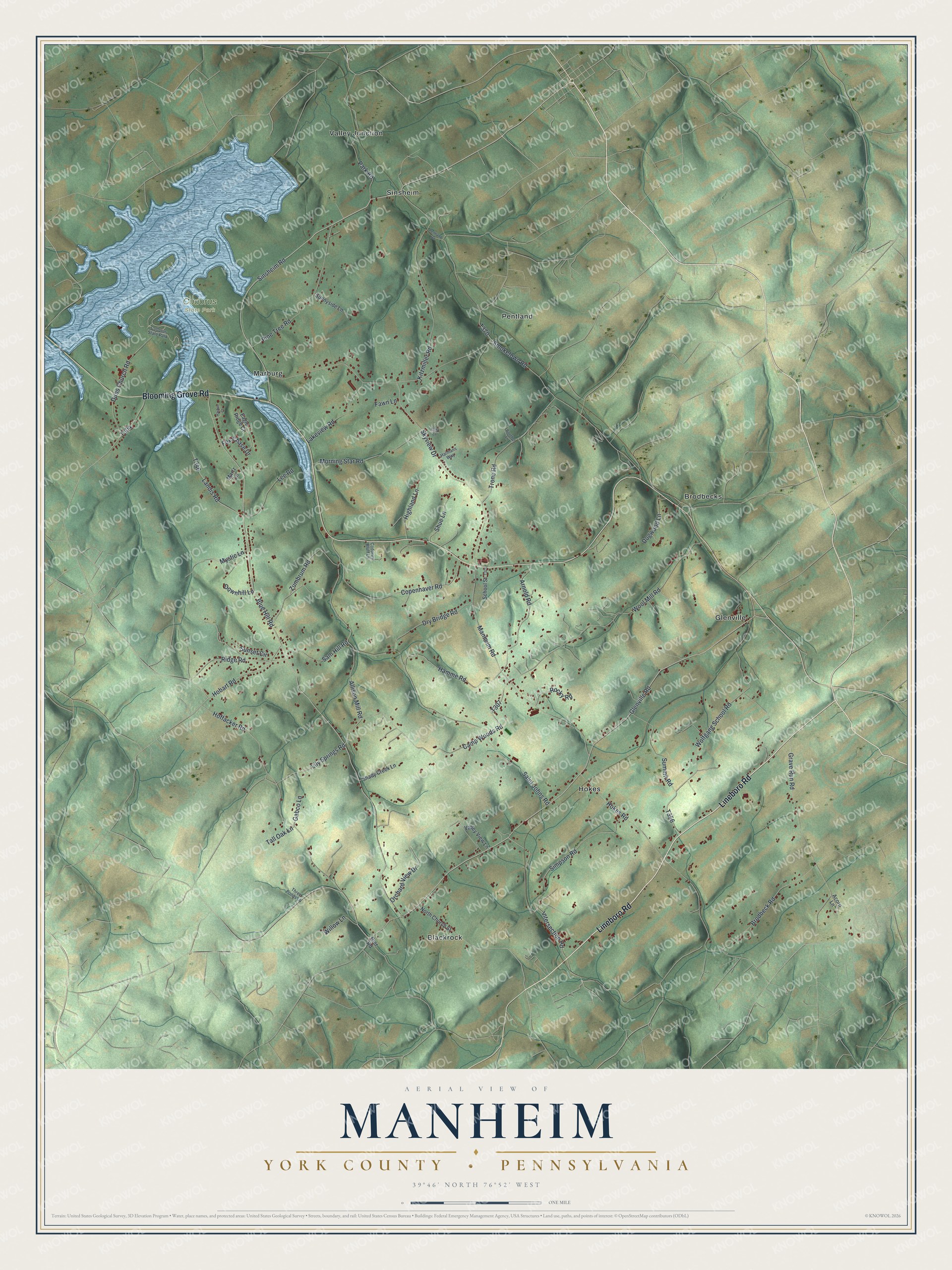 Full map of Manheim, York County, Pennsylvania, with red buildings, printed street names and the land around them