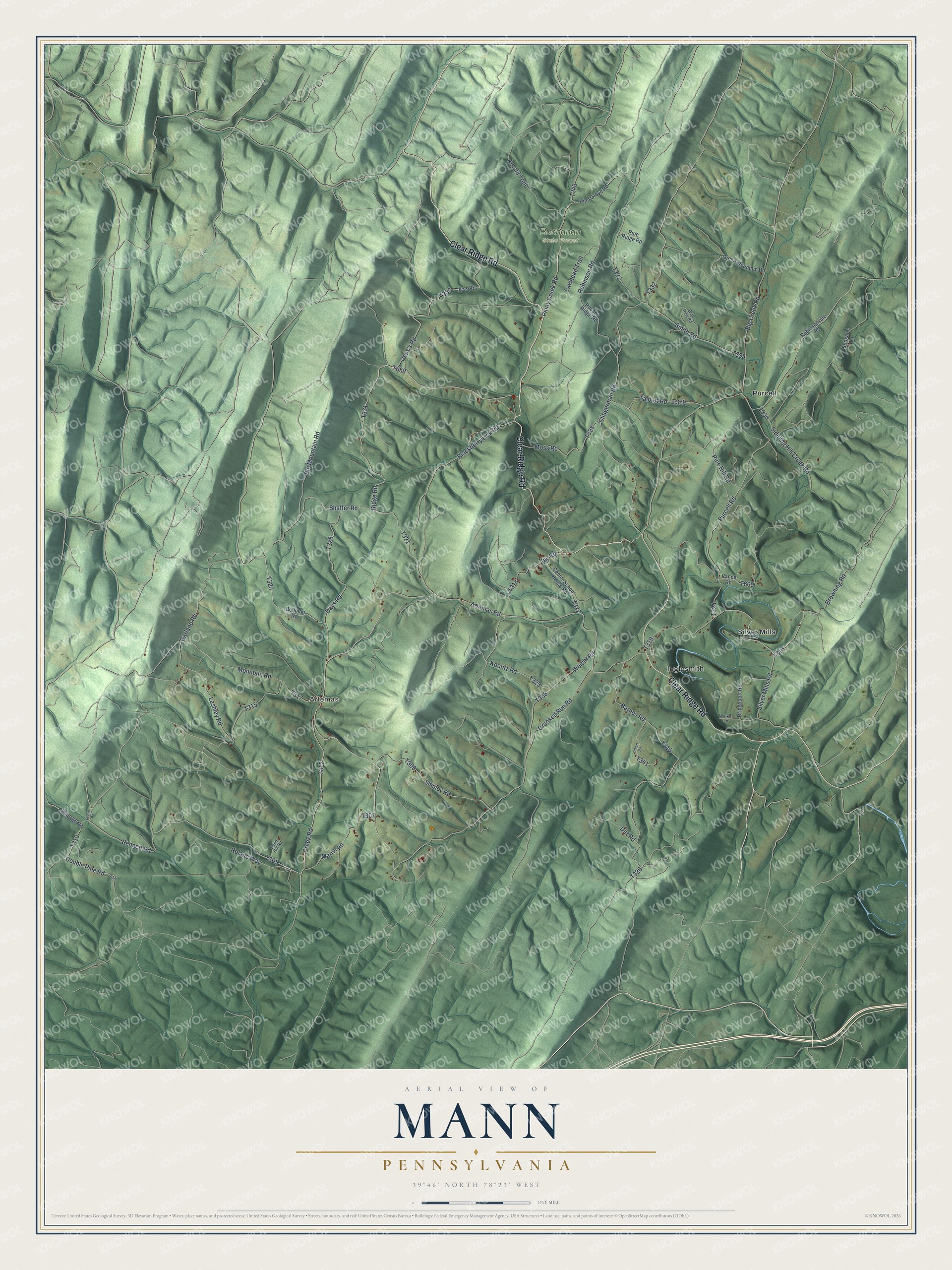 Full map of Mann, Pennsylvania, with red buildings, printed street names and the land around them