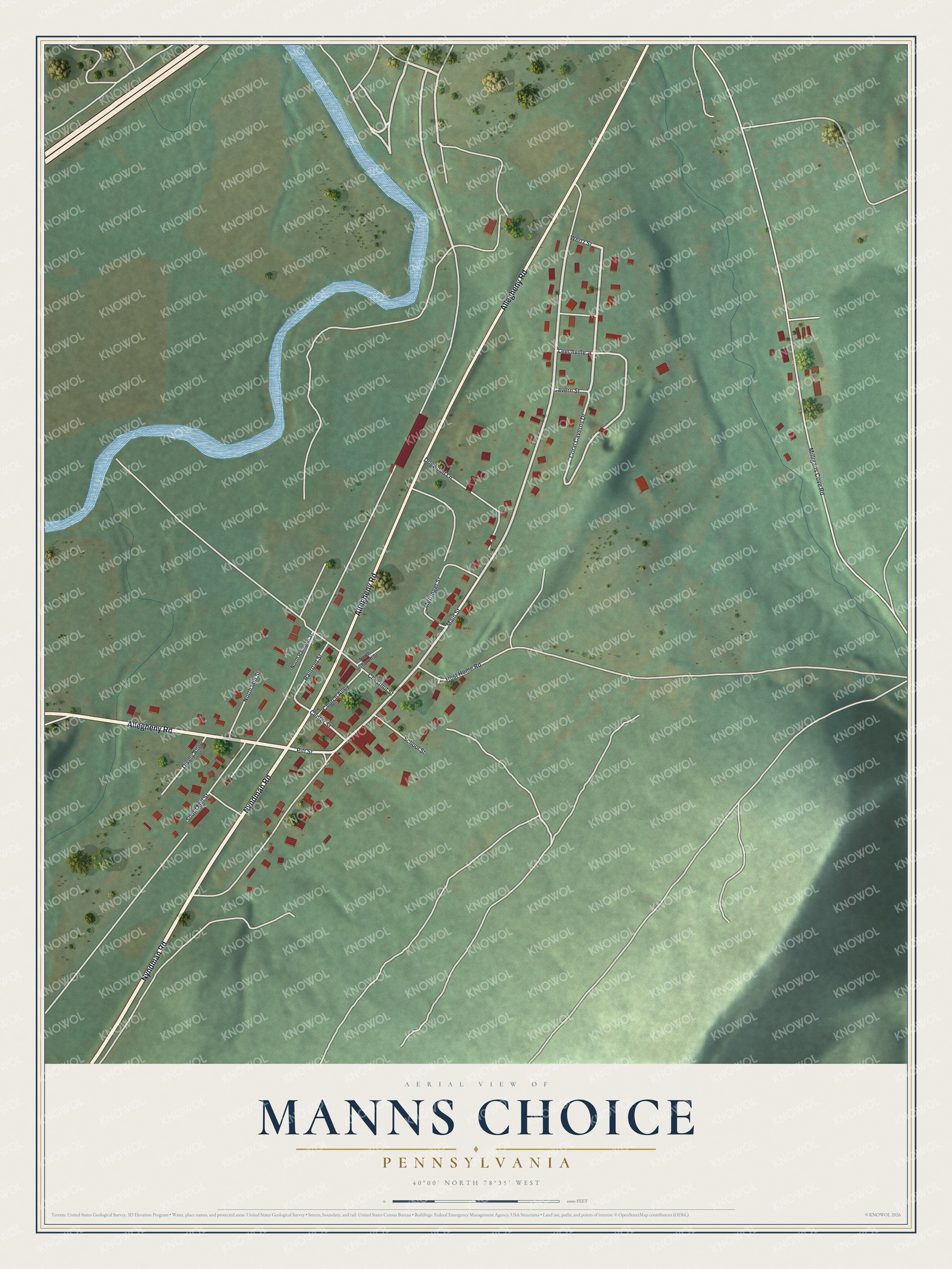 Full map of Manns Choice, Pennsylvania, with red buildings, printed street names and the land around them