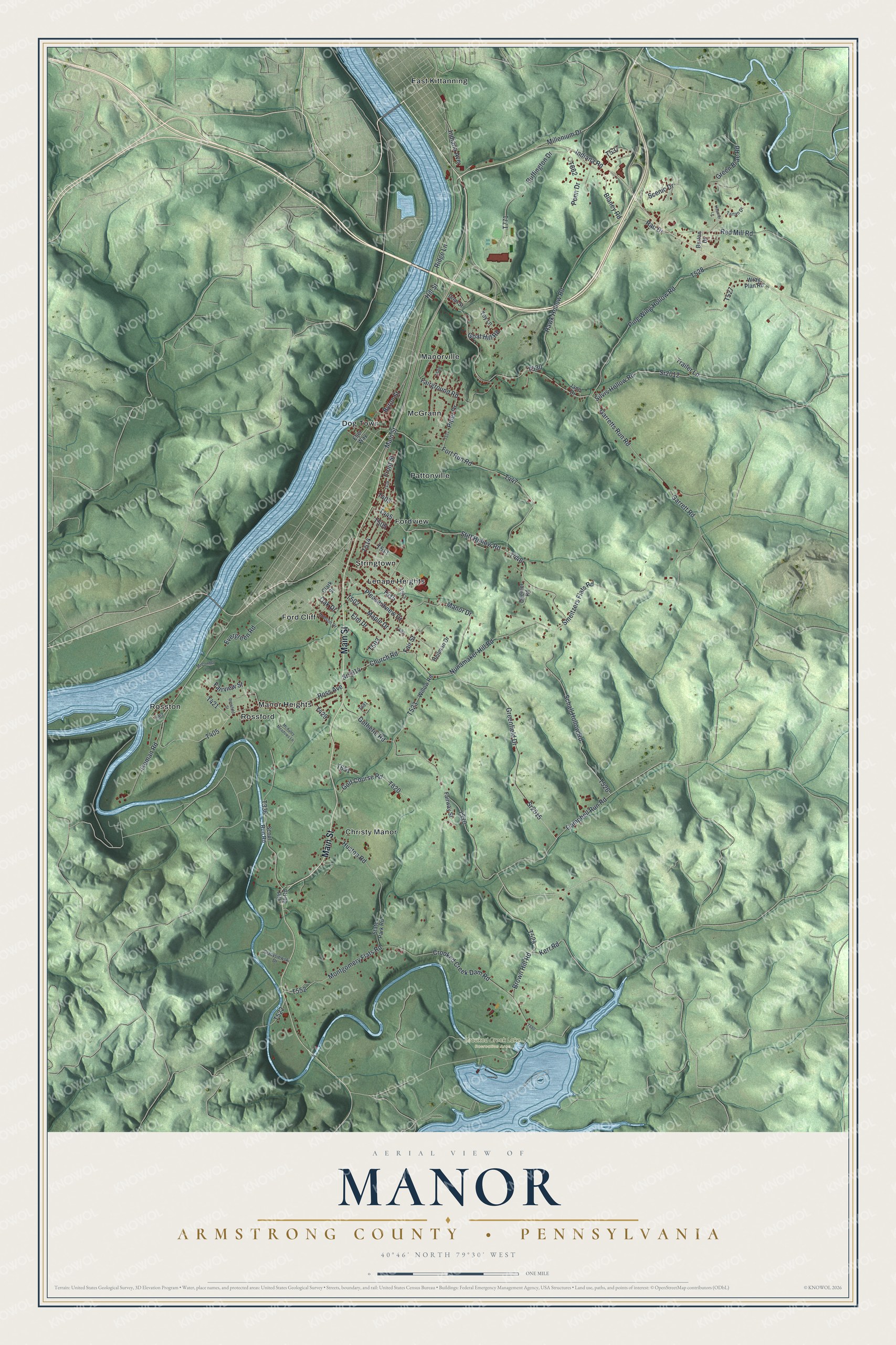Full map of Manor, Armstrong County, Pennsylvania, with red buildings, printed street names and the land around them