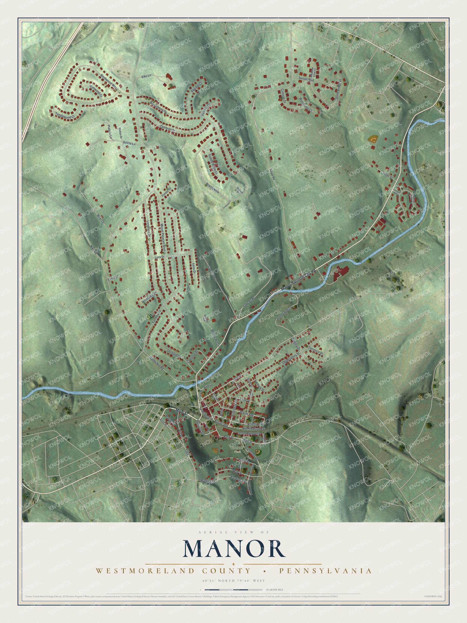 Full map of Manor, Westmoreland County, Pennsylvania, with red buildings, printed street names and the land around them
