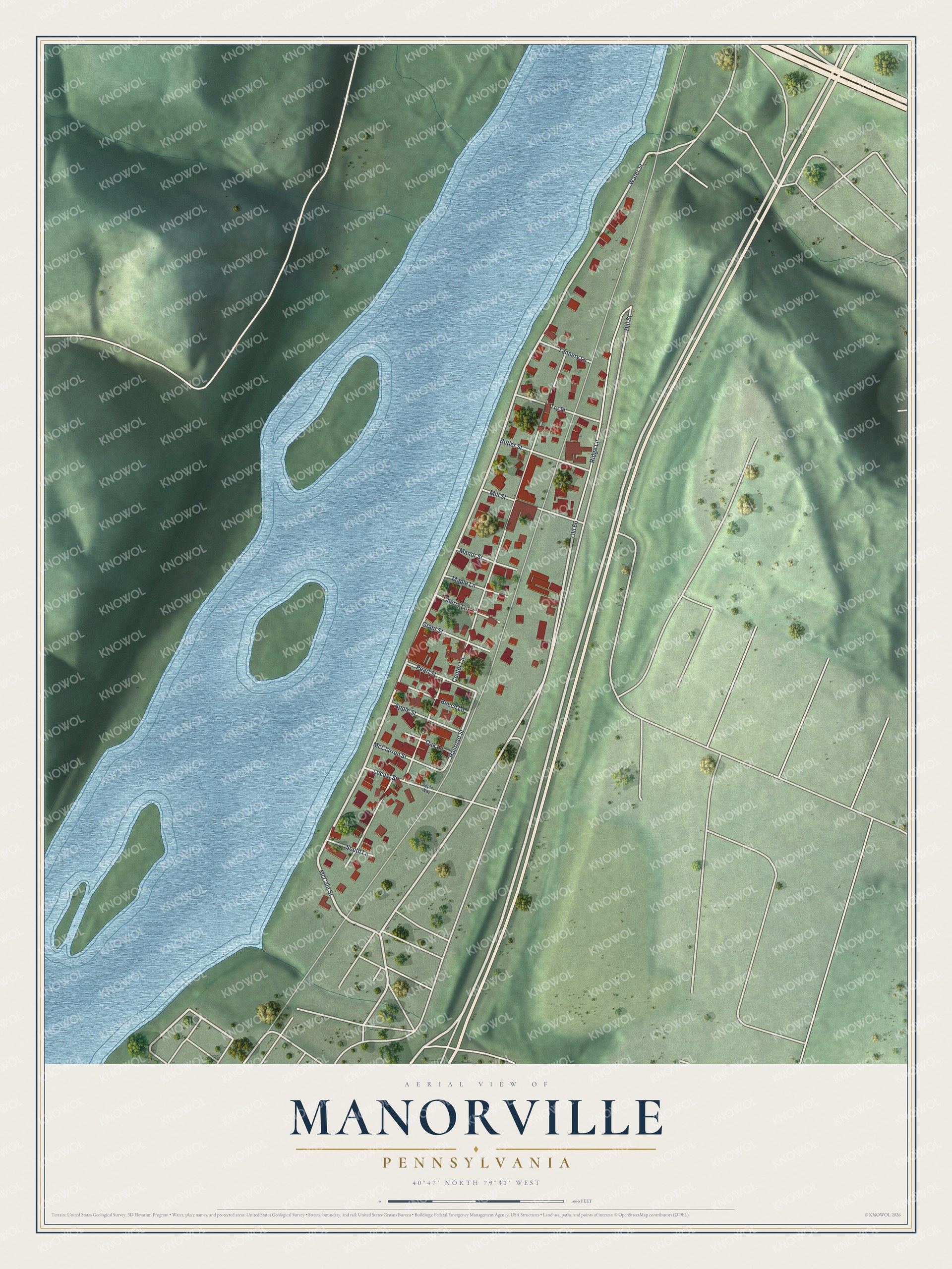 Full map of Manorville, Pennsylvania, with red buildings, printed street names and the land around them