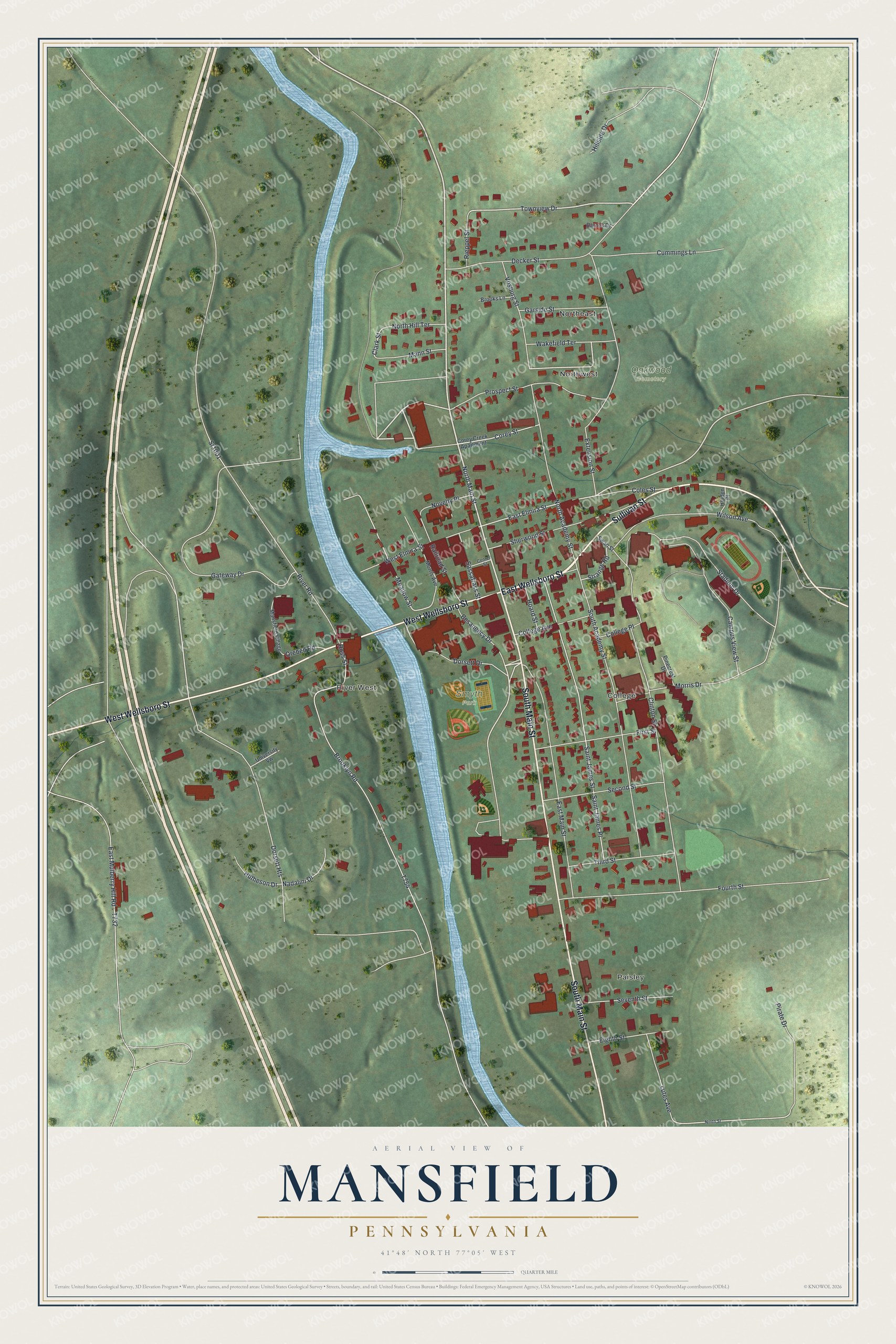 Full map of Mansfield, Pennsylvania, with red buildings, printed street names and the land around them