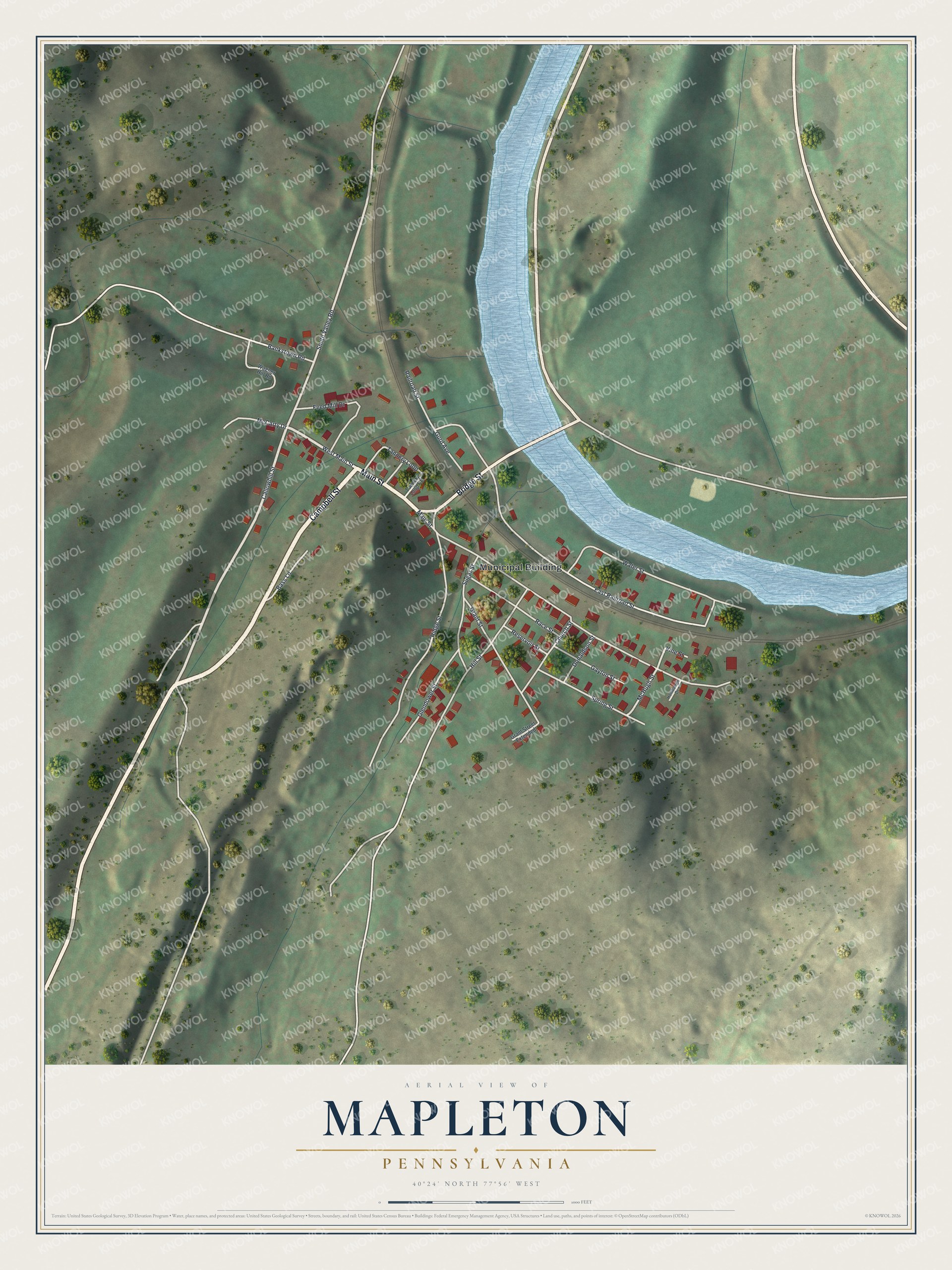Full map of Mapleton, Pennsylvania, with red buildings, printed street names and the land around them