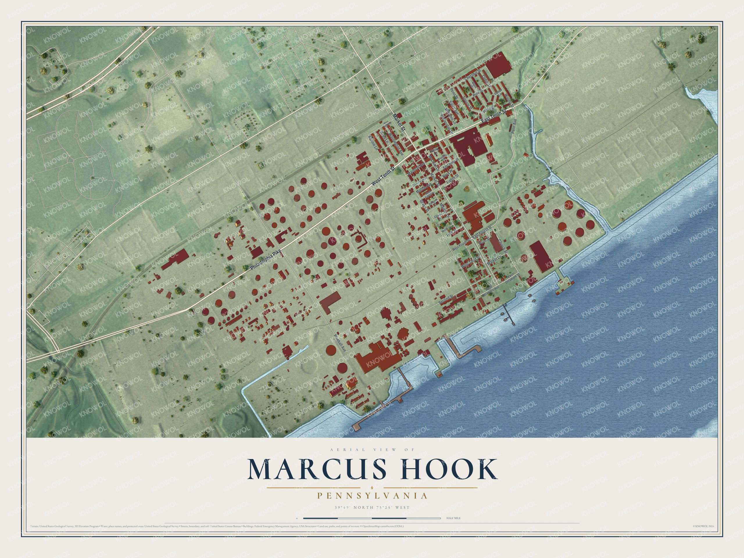 Full map of Marcus Hook, Pennsylvania, with red buildings, printed street names and the land around them