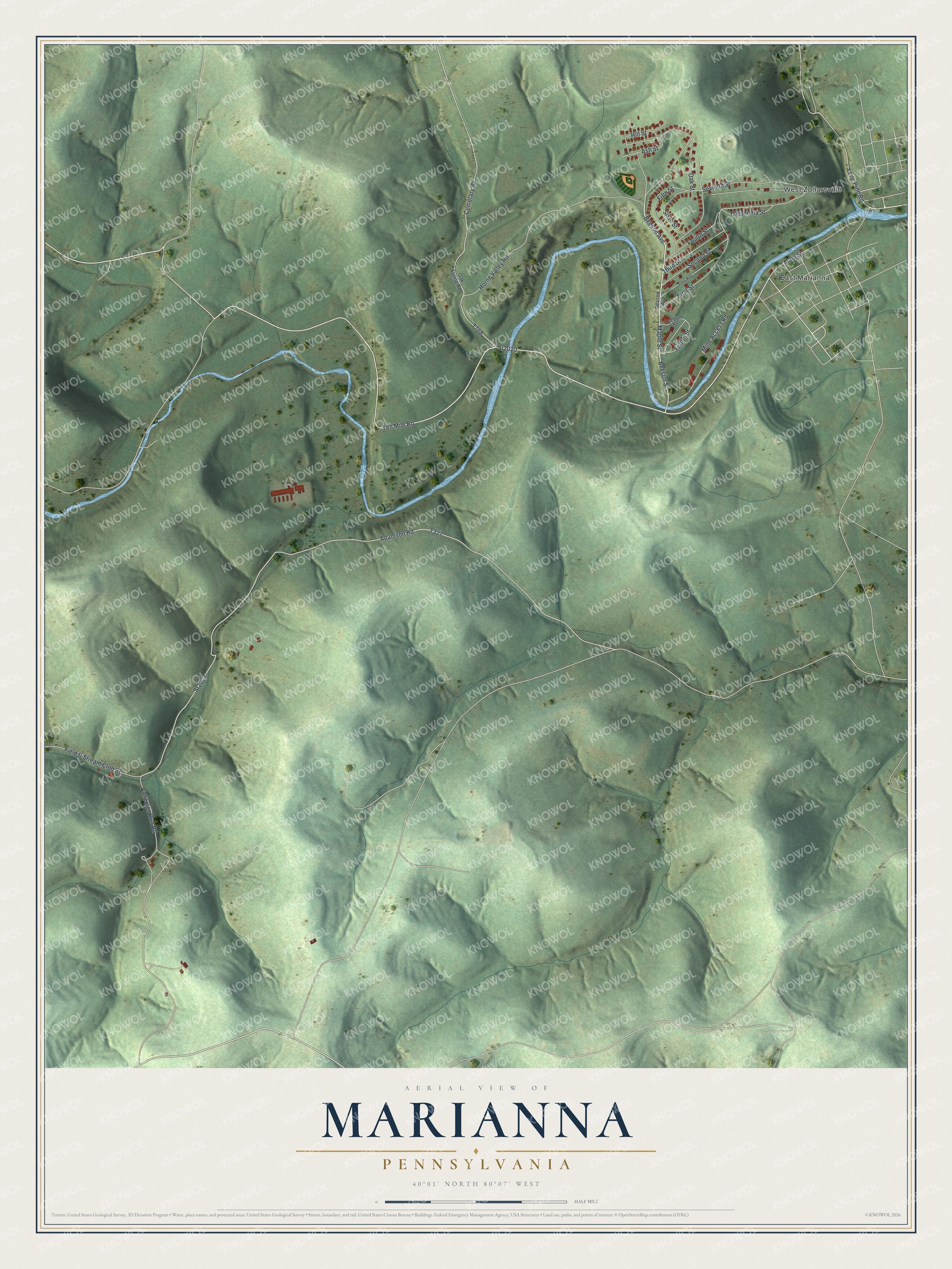 Full map of Marianna, Pennsylvania, with red buildings, printed street names and the land around them