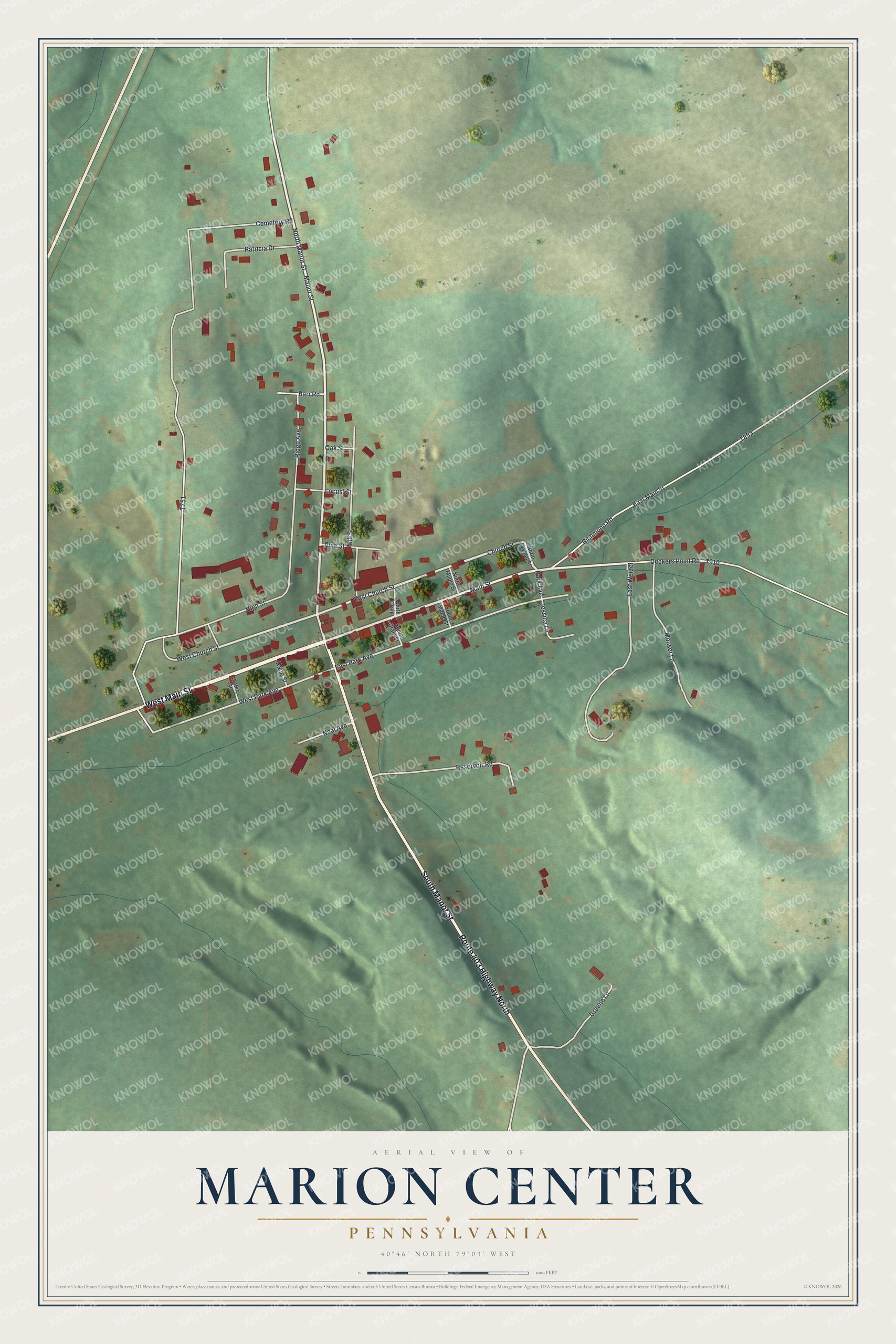 Full map of Marion Center, Pennsylvania, with red buildings, printed street names and the land around them