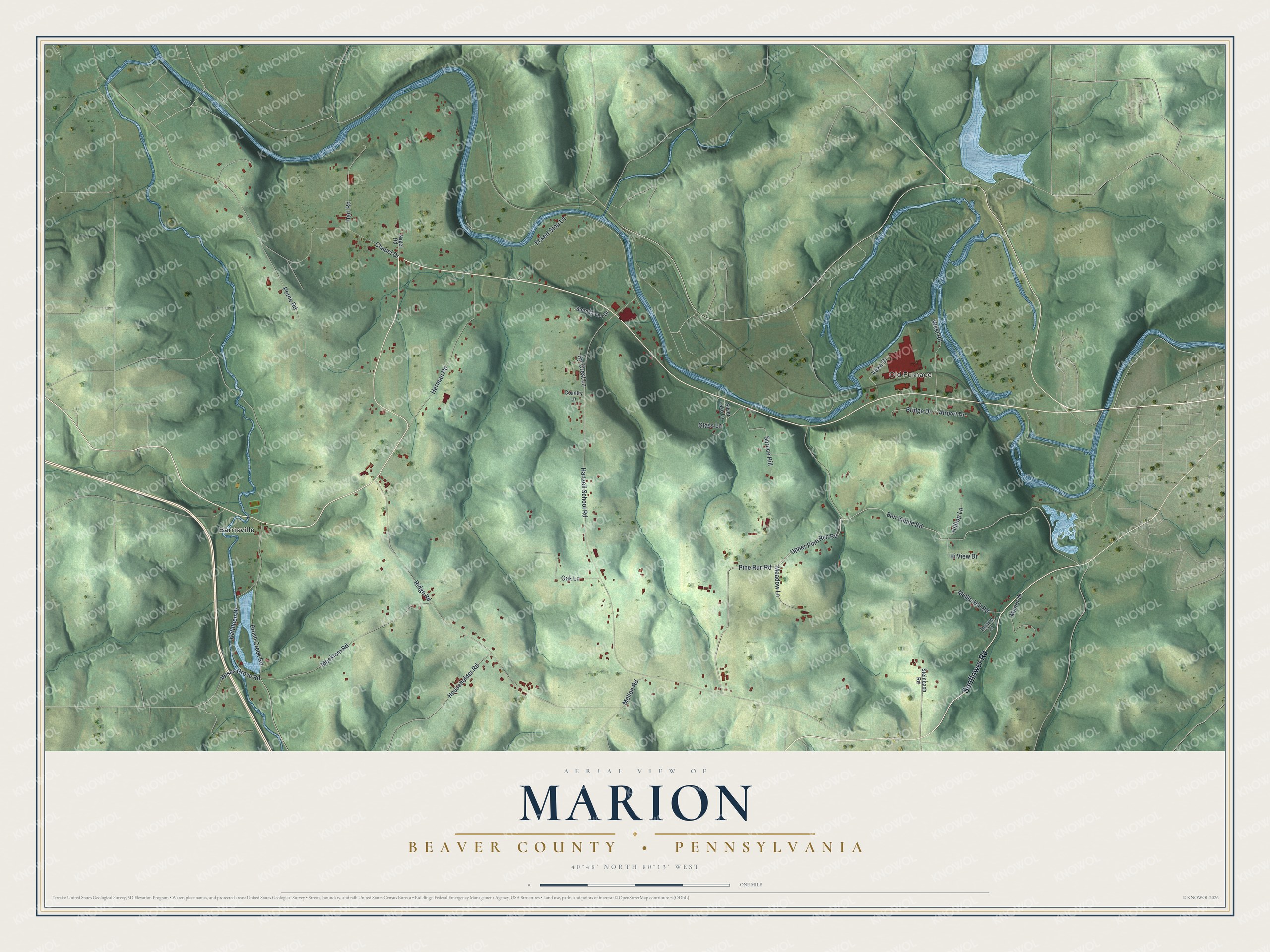 Full map of Marion, Beaver County, Pennsylvania, with red buildings, printed street names and the land around them