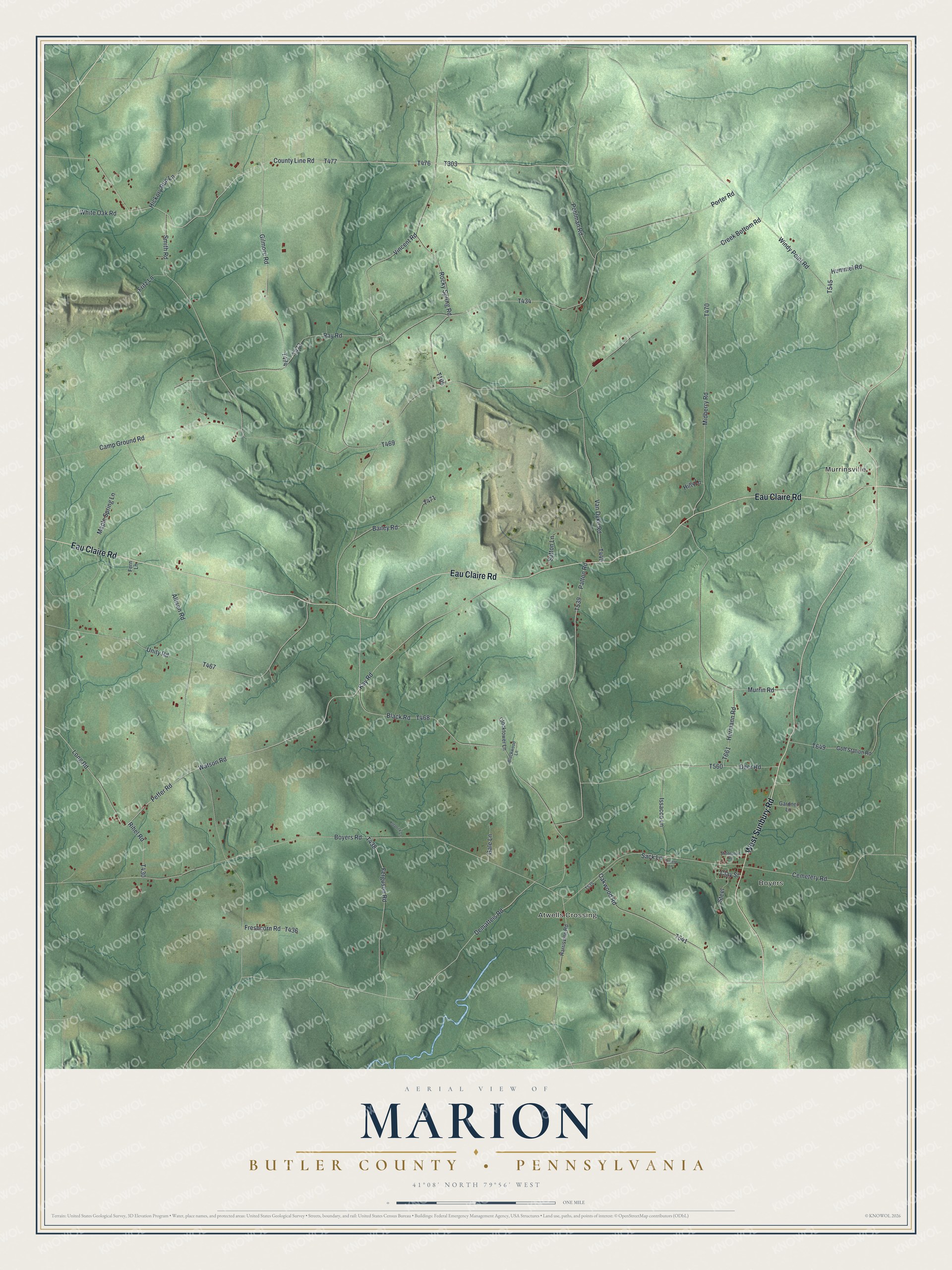 Full map of Marion, Butler County, Pennsylvania, with red buildings, printed street names and the land around them