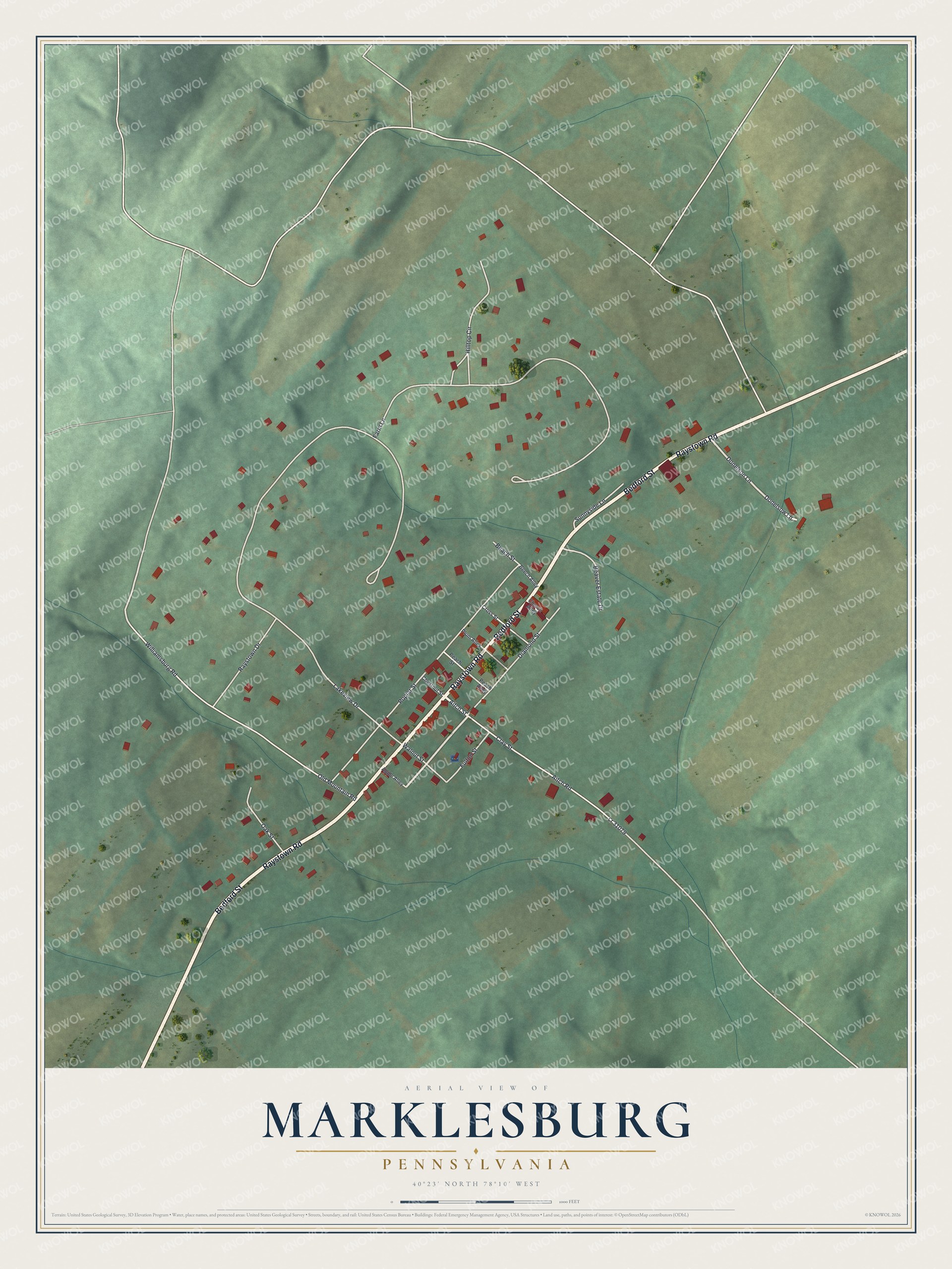 Full map of Marklesburg, Pennsylvania, with red buildings, printed street names and the land around them