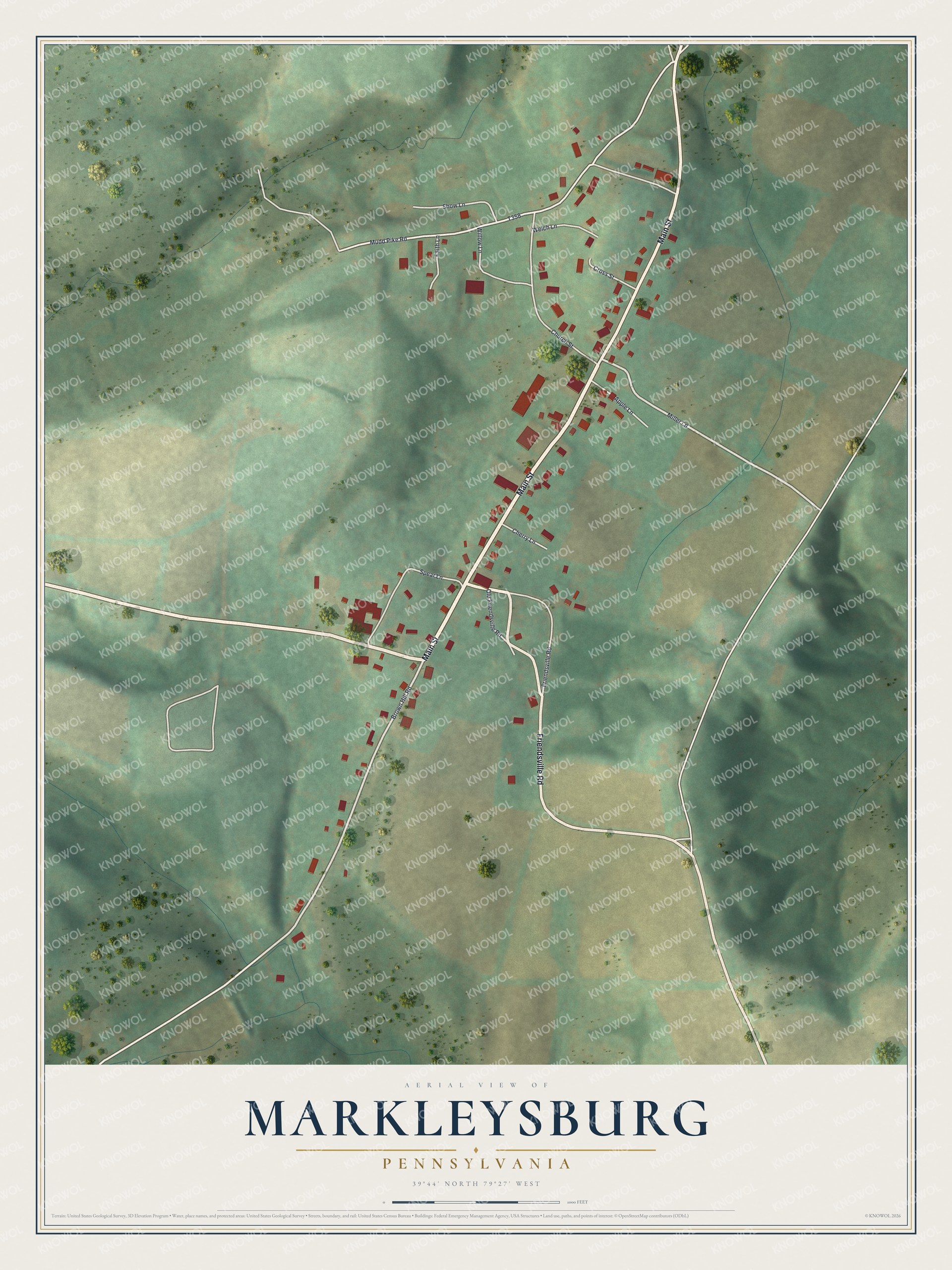 Full map of Markleysburg, Pennsylvania, with red buildings, printed street names and the land around them