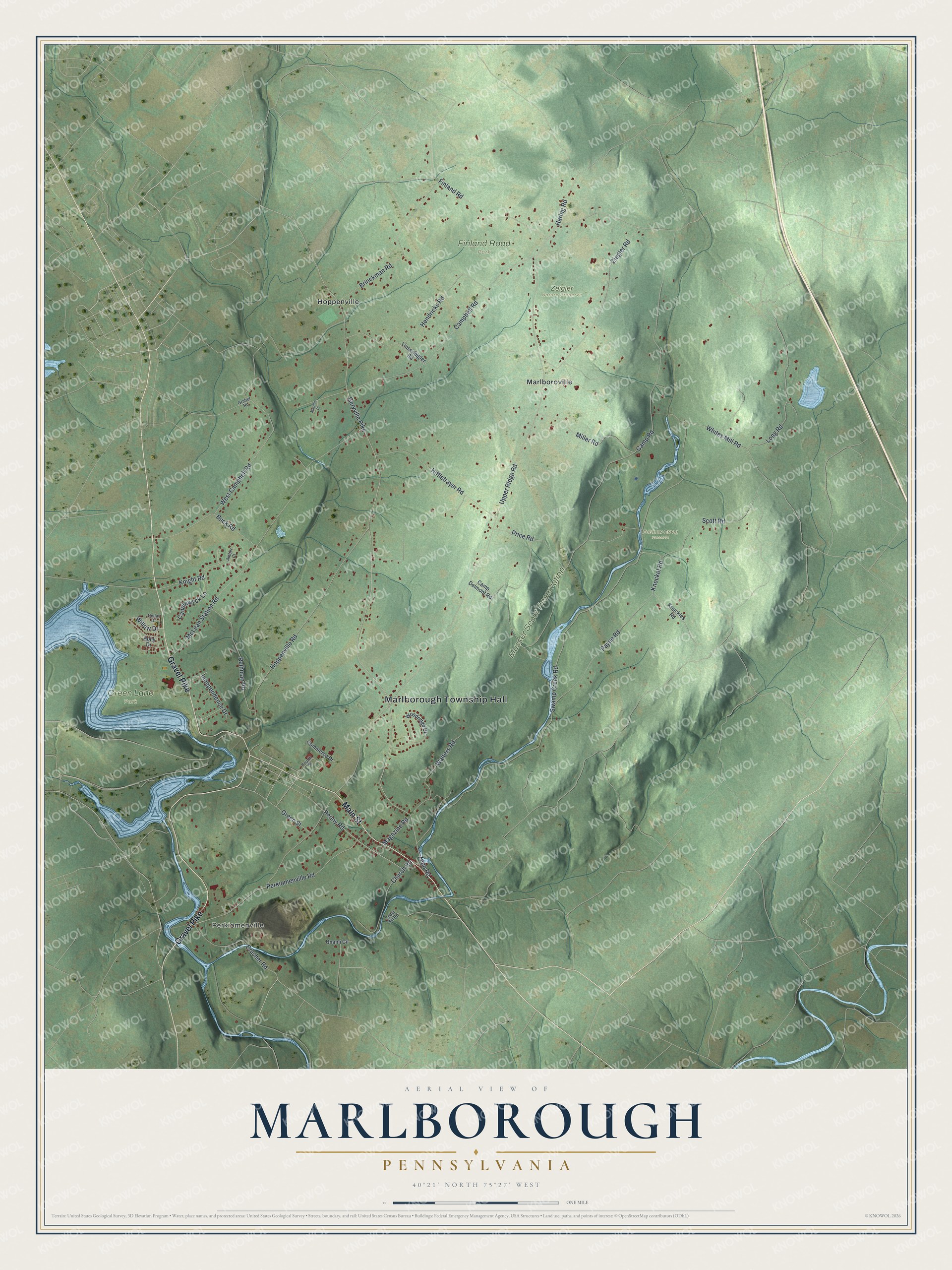 Full map of Marlborough, Pennsylvania, with red buildings, printed street names and the land around them