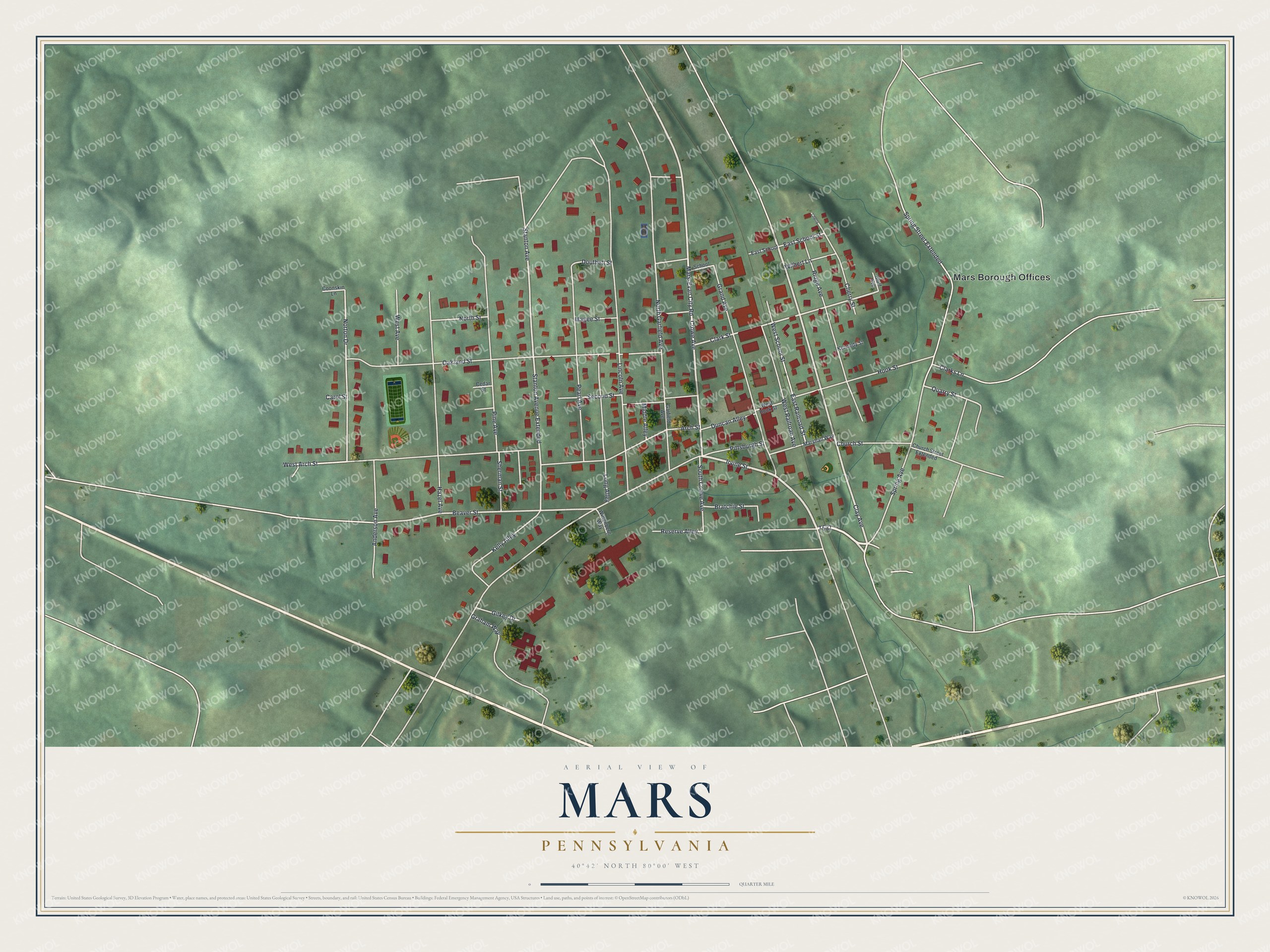Full map of Mars, Pennsylvania, with red buildings, printed street names and the land around them