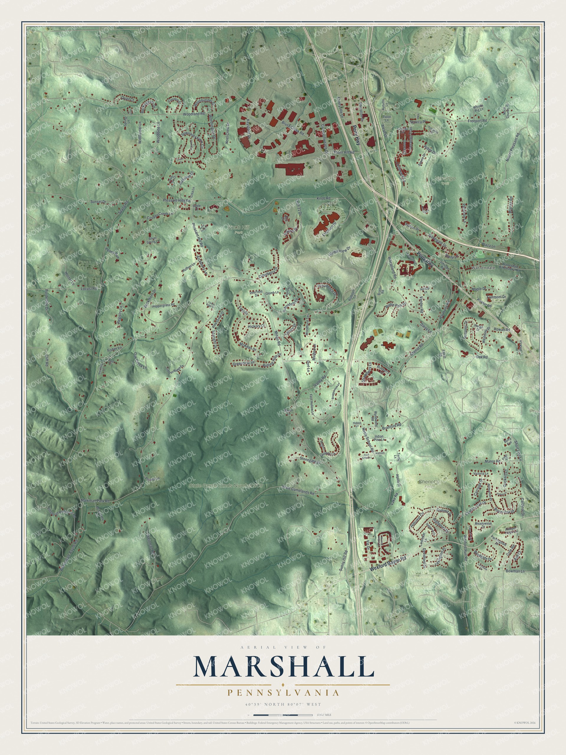 Full map of Marshall, Pennsylvania, with red buildings, printed street names and the land around them