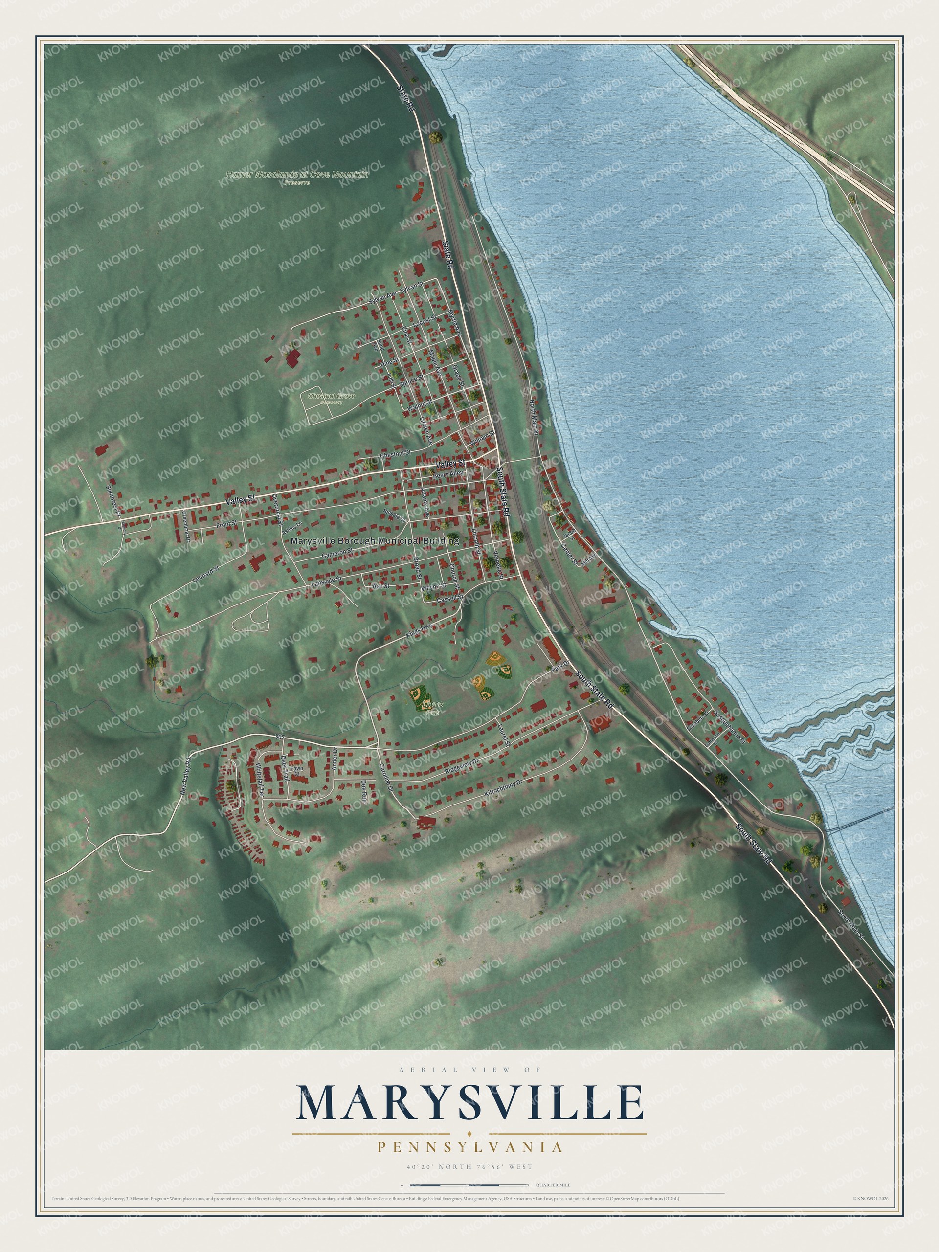 Full map of Marysville, Pennsylvania, with red buildings, printed street names and the land around them