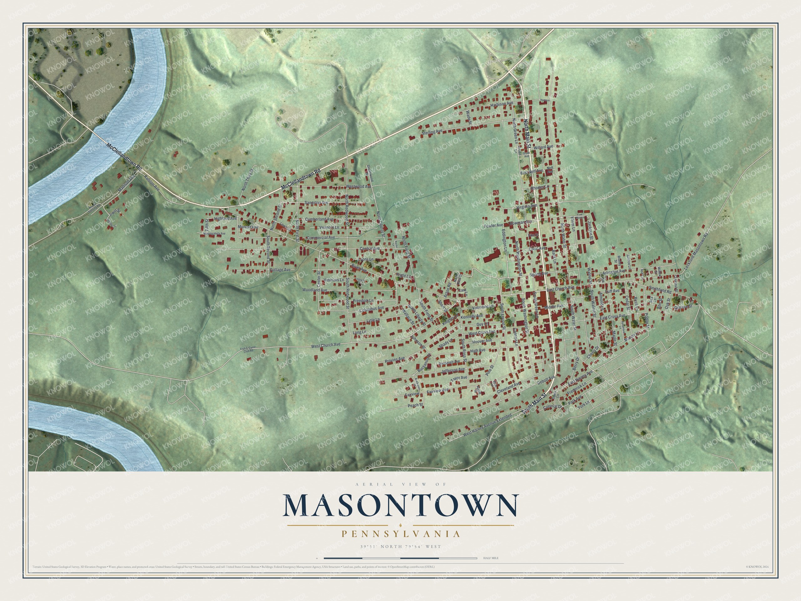 Full map of Masontown, Pennsylvania, with red buildings, printed street names and the land around them