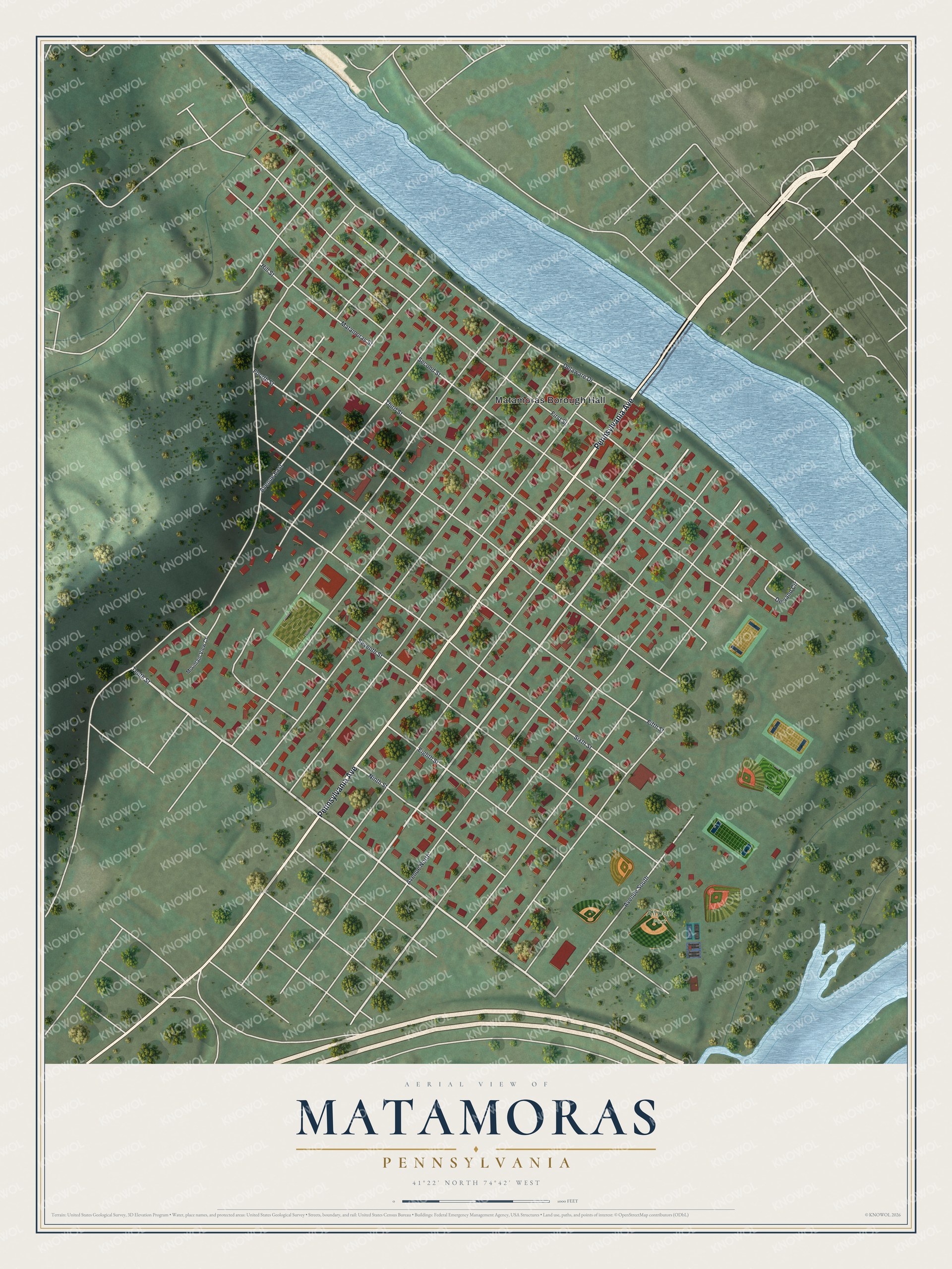 Full map of Matamoras, Pennsylvania, with red buildings, printed street names and the land around them