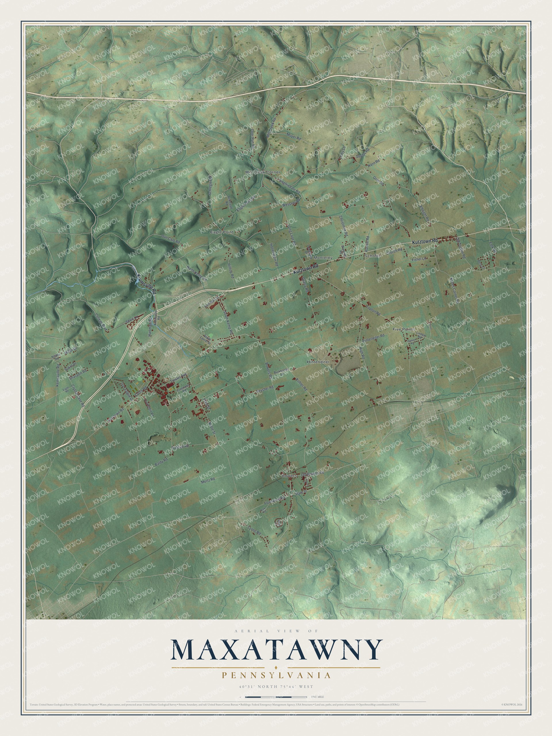 Full map of Maxatawny, Pennsylvania, with red buildings, printed street names and the land around them