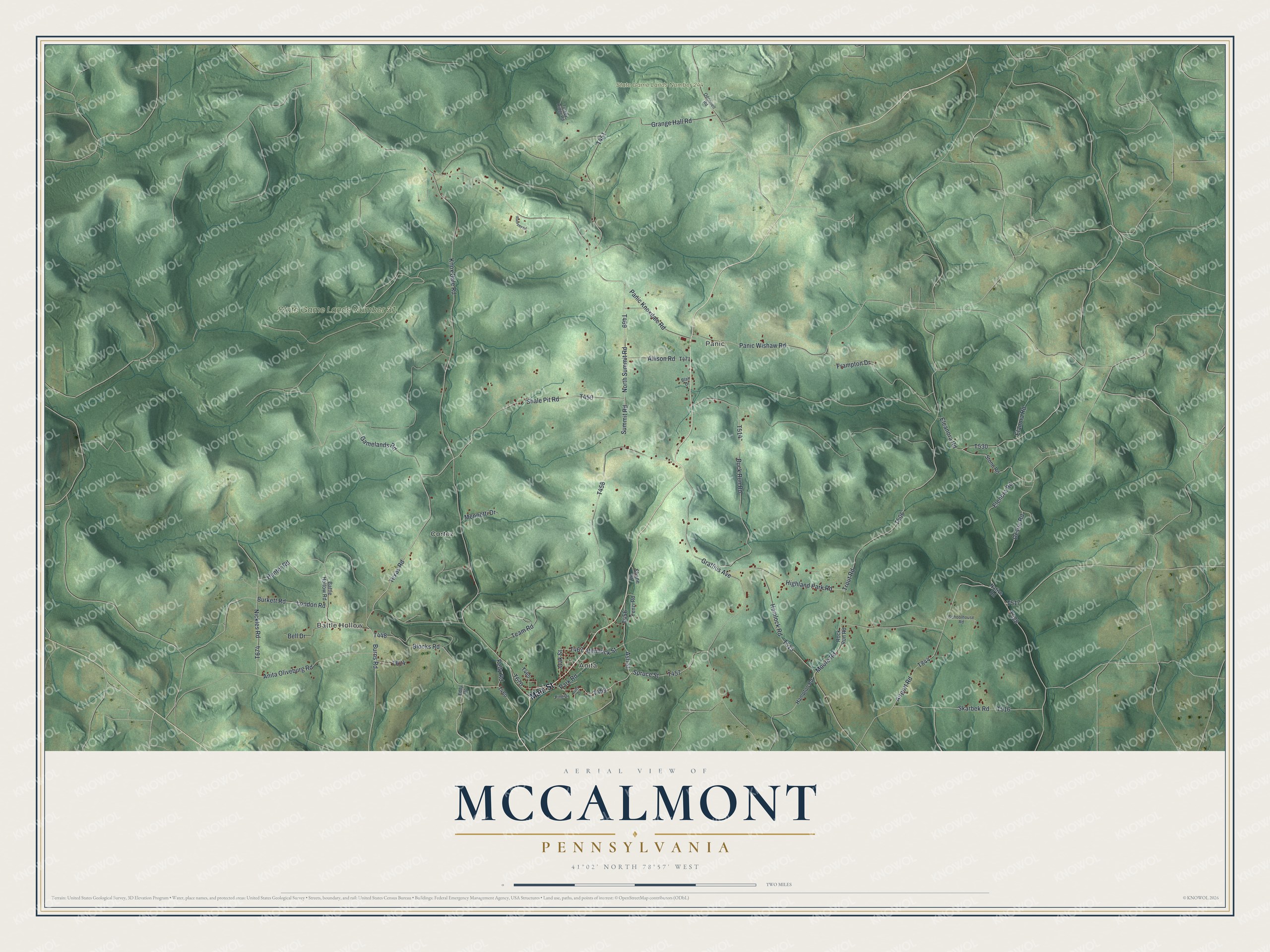Full map of McCalmont, Pennsylvania, with red buildings, printed street names and the land around them