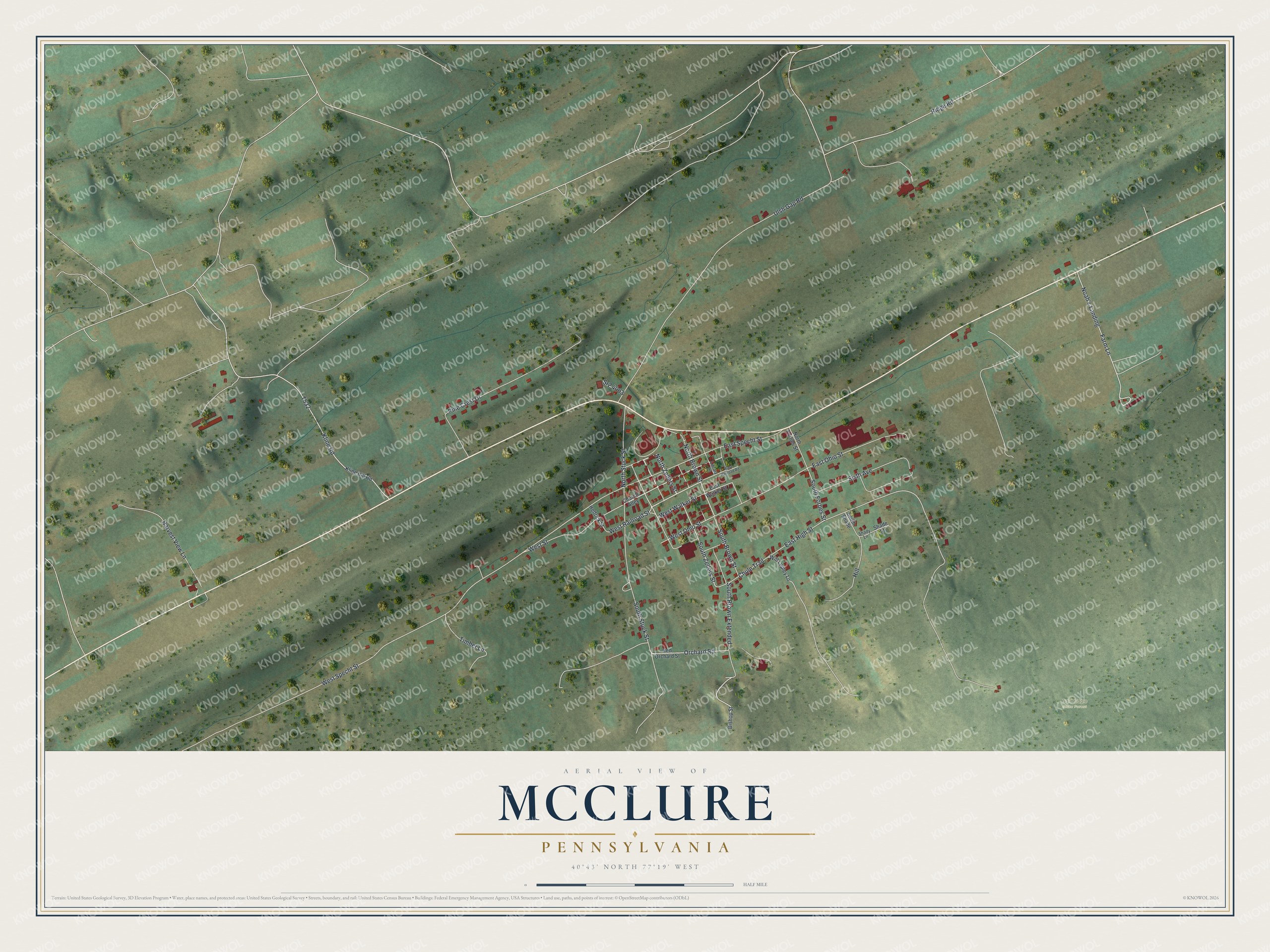 Full map of McClure, Pennsylvania, with red buildings, printed street names and the land around them
