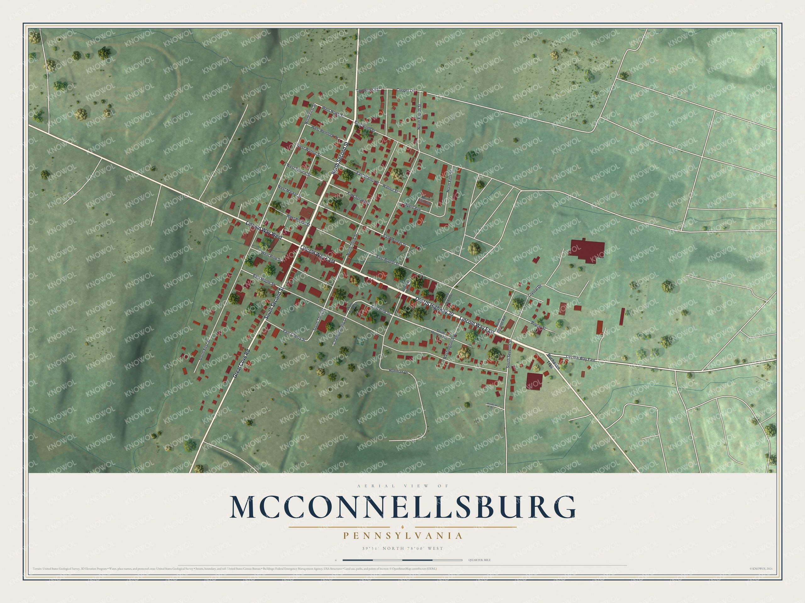 Full map of McConnellsburg, Pennsylvania, with red buildings, printed street names and the land around them
