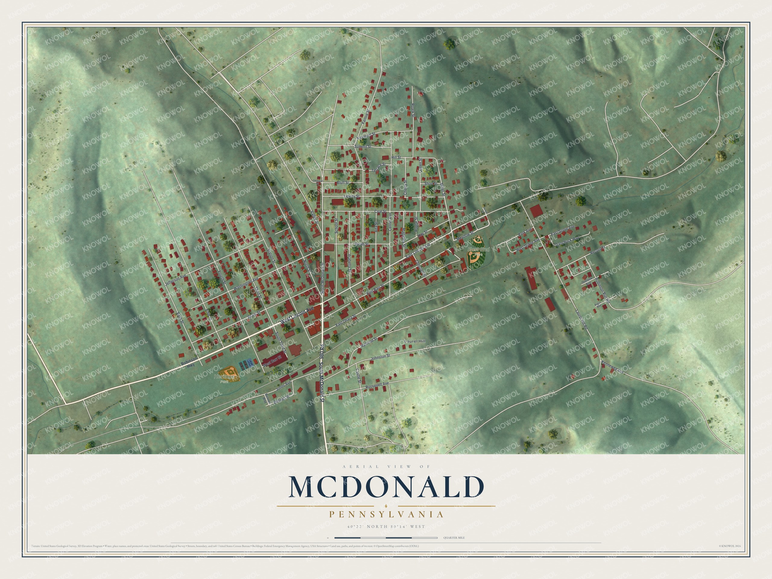 Full map of McDonald, Pennsylvania, with red buildings, printed street names and the land around them