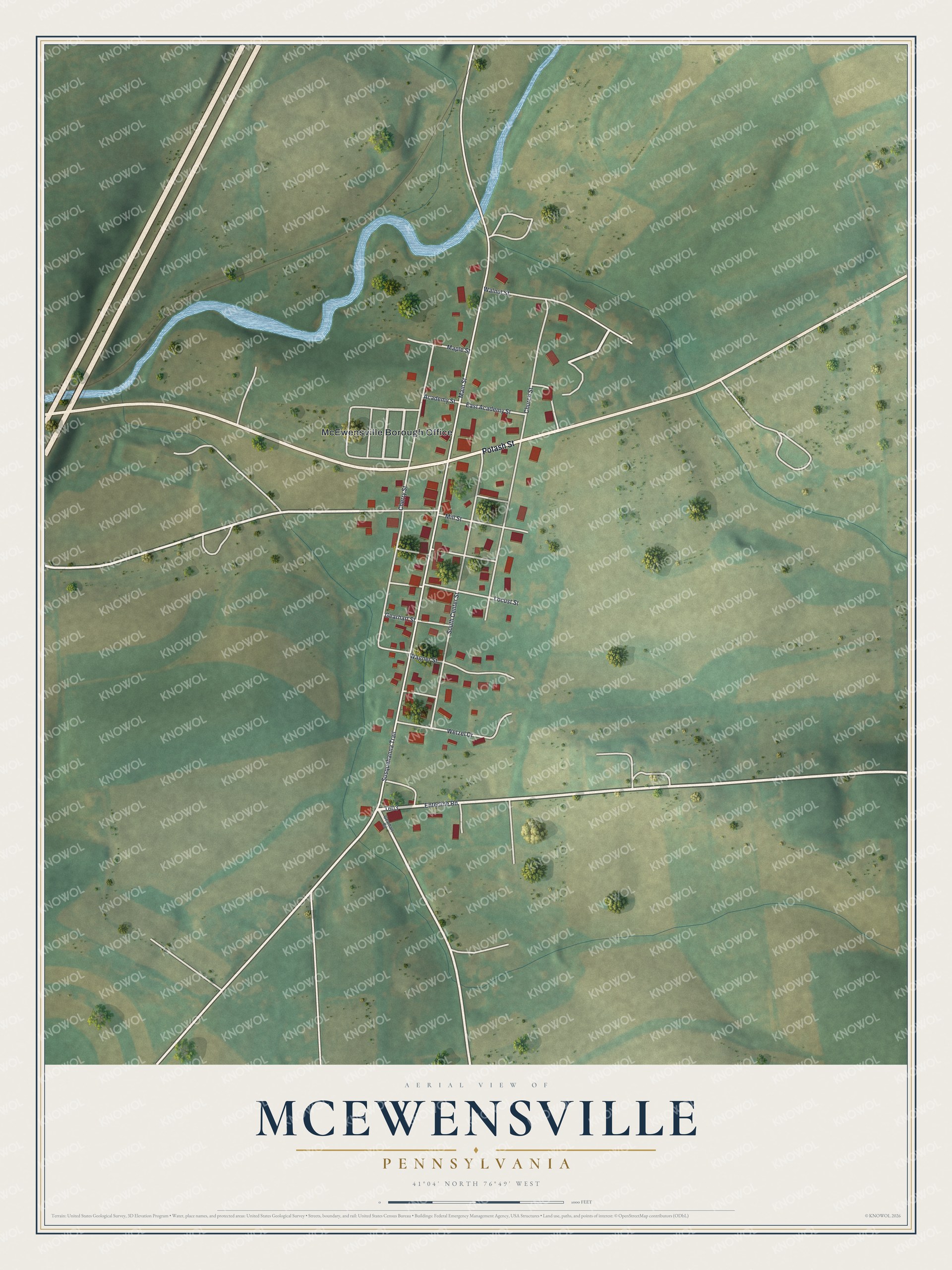 Full map of McEwensville, Pennsylvania, with red buildings, printed street names and the land around them