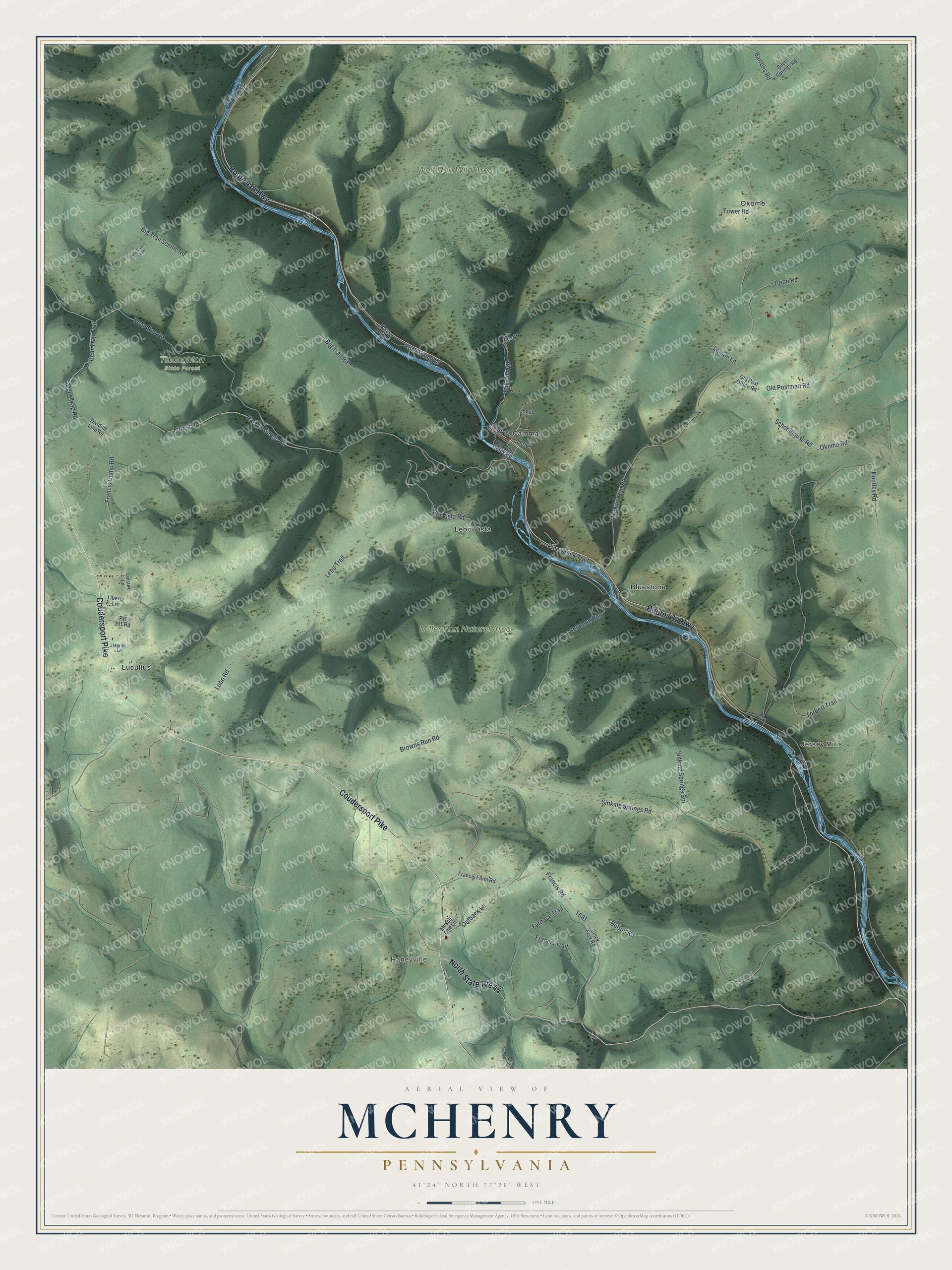 Full map of McHenry, Pennsylvania, with red buildings, printed street names and the land around them