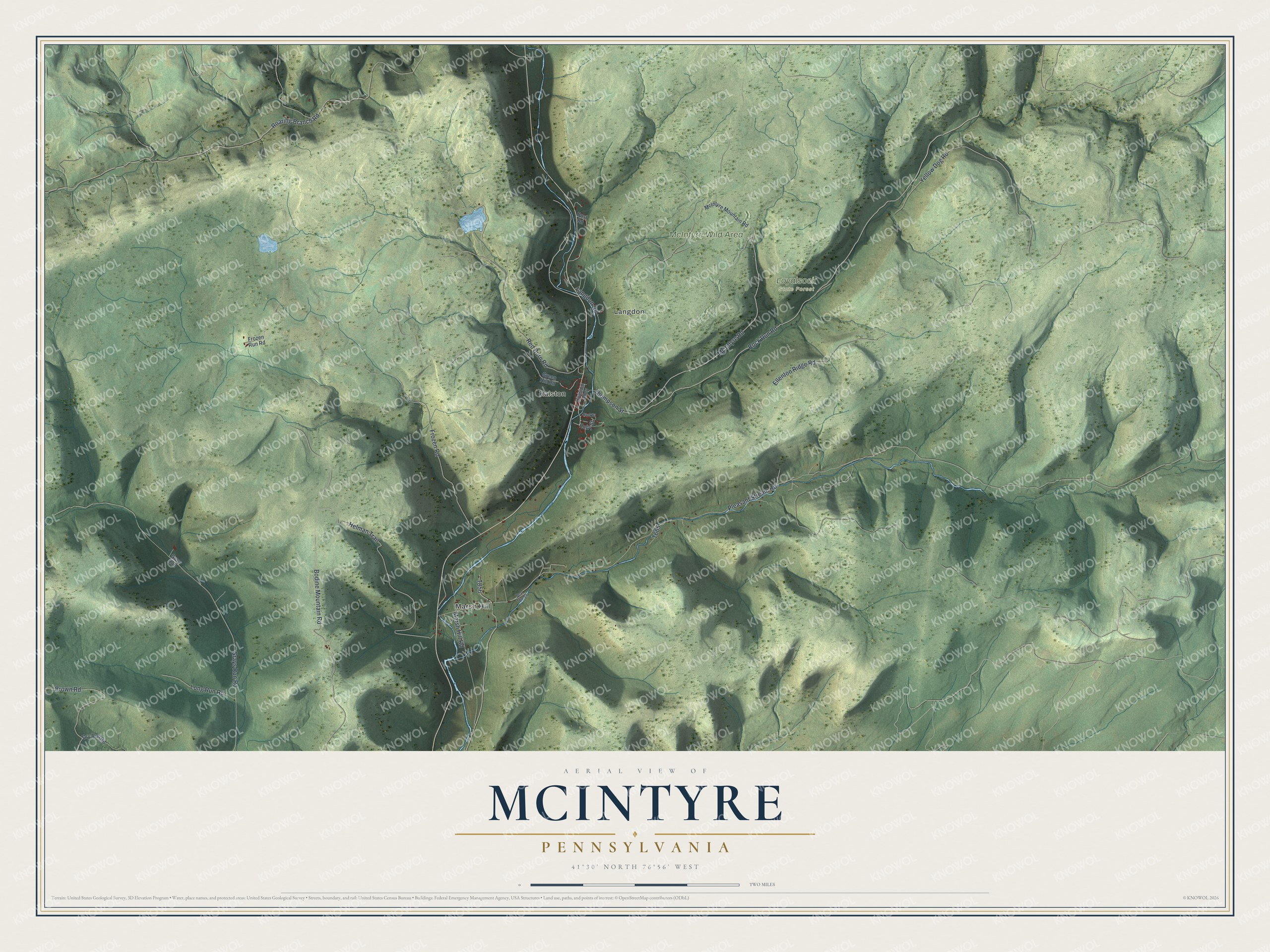 Full map of McIntyre, Pennsylvania, with red buildings, printed street names and the land around them
