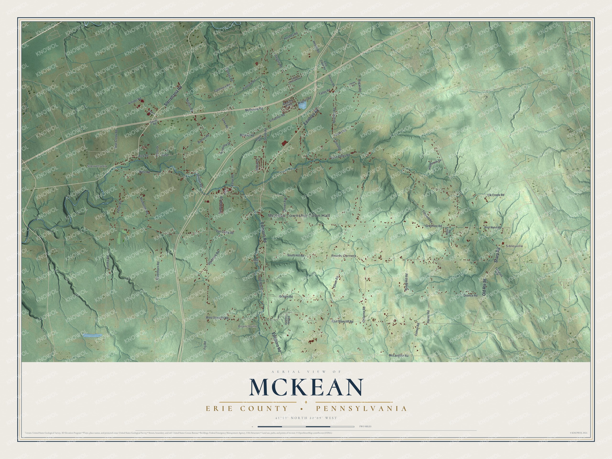 Full map of McKean Township, Pennsylvania, with red buildings, printed street names and the land around them