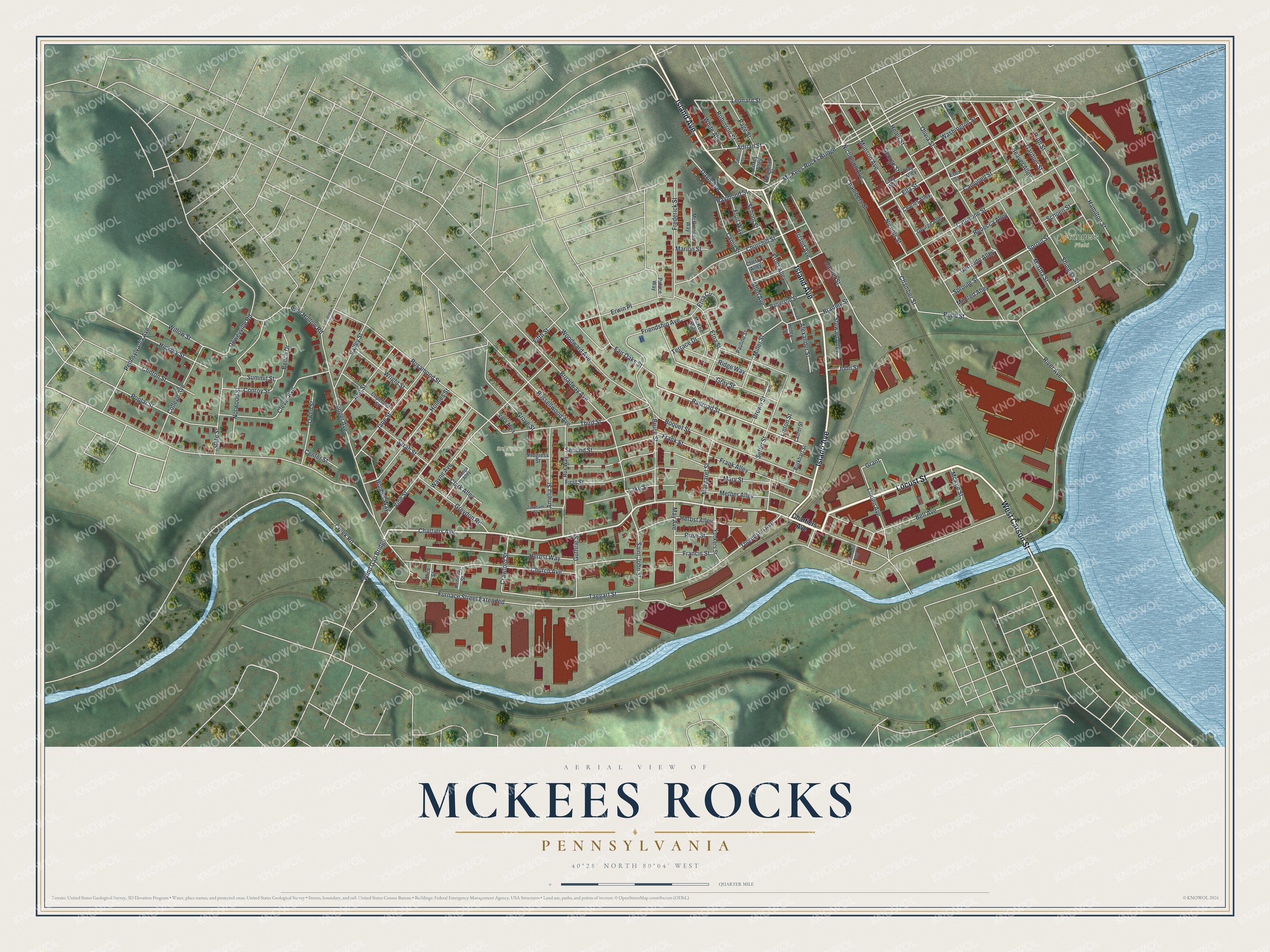 Aerial view map of McKees Rocks, Pennsylvania, with red buildings on green hills between a wide river and a winding creek