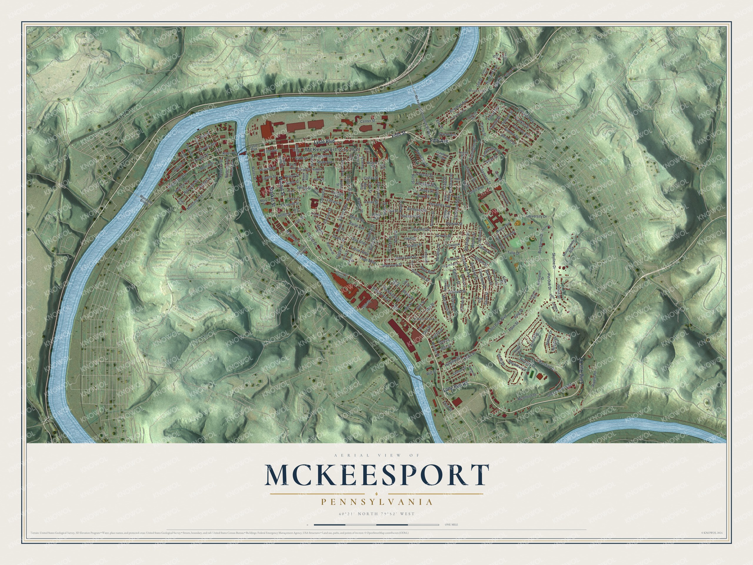 Full map of McKeesport, Pennsylvania, with red buildings, printed street names and the land around them