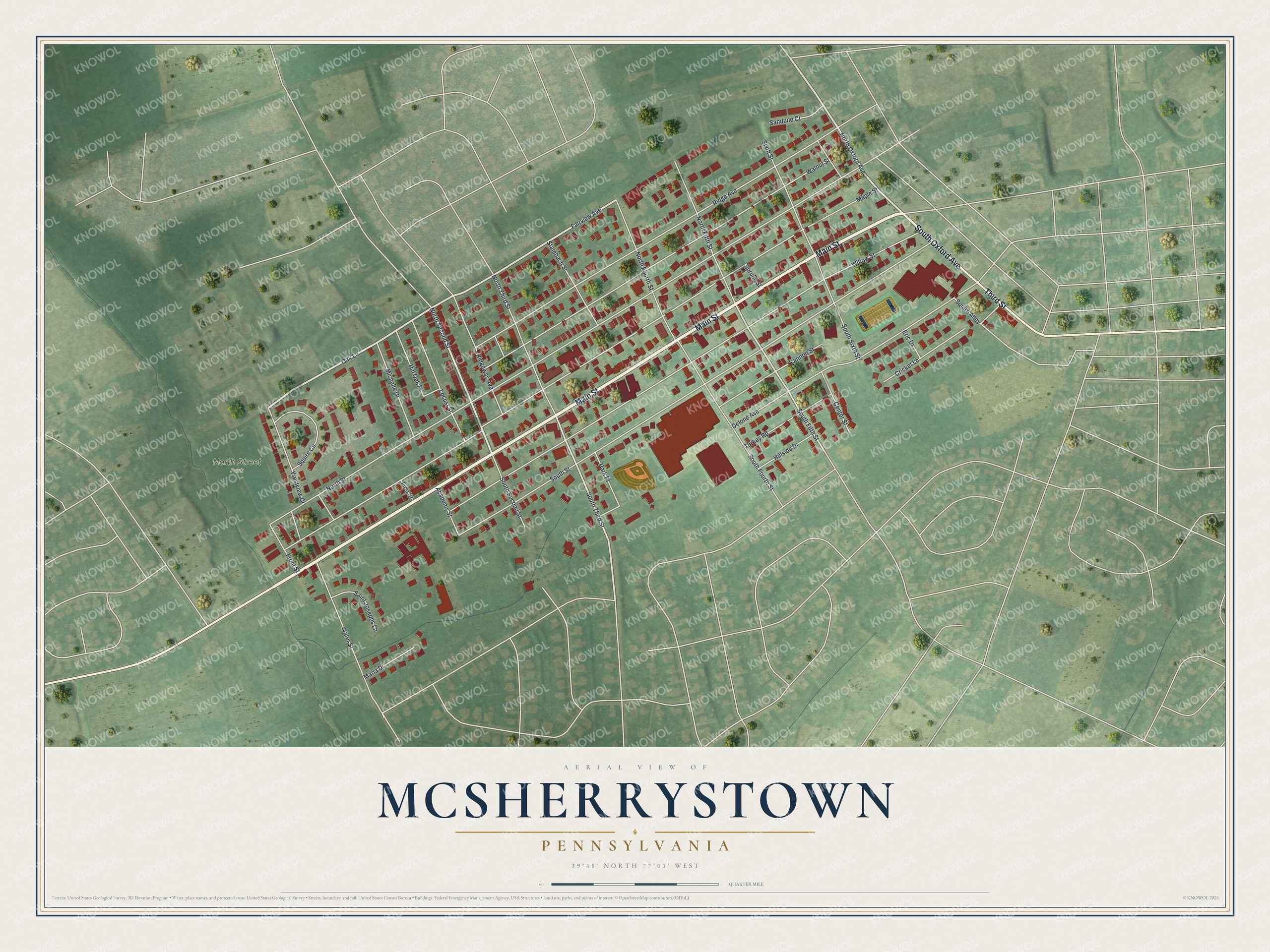 Full map of McSherrystown, Pennsylvania, with red buildings, printed street names and the land around them