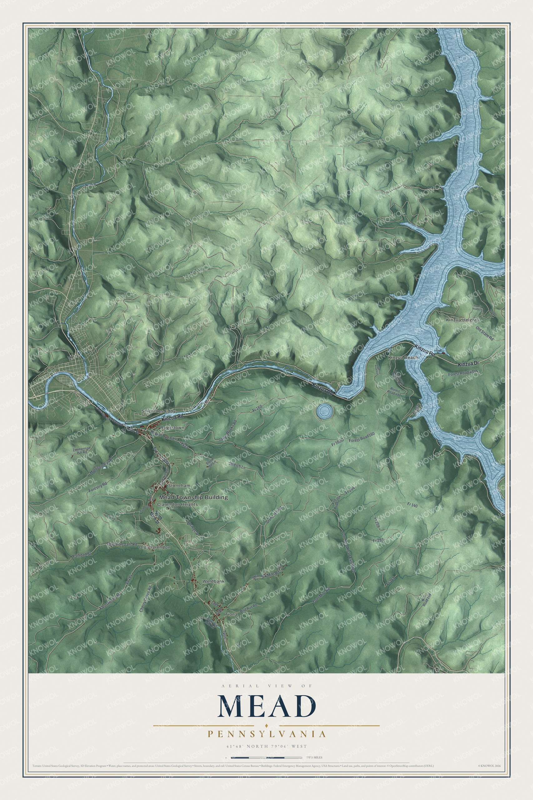 Full map of Mead, Pennsylvania, with red buildings, printed street names and the land around them