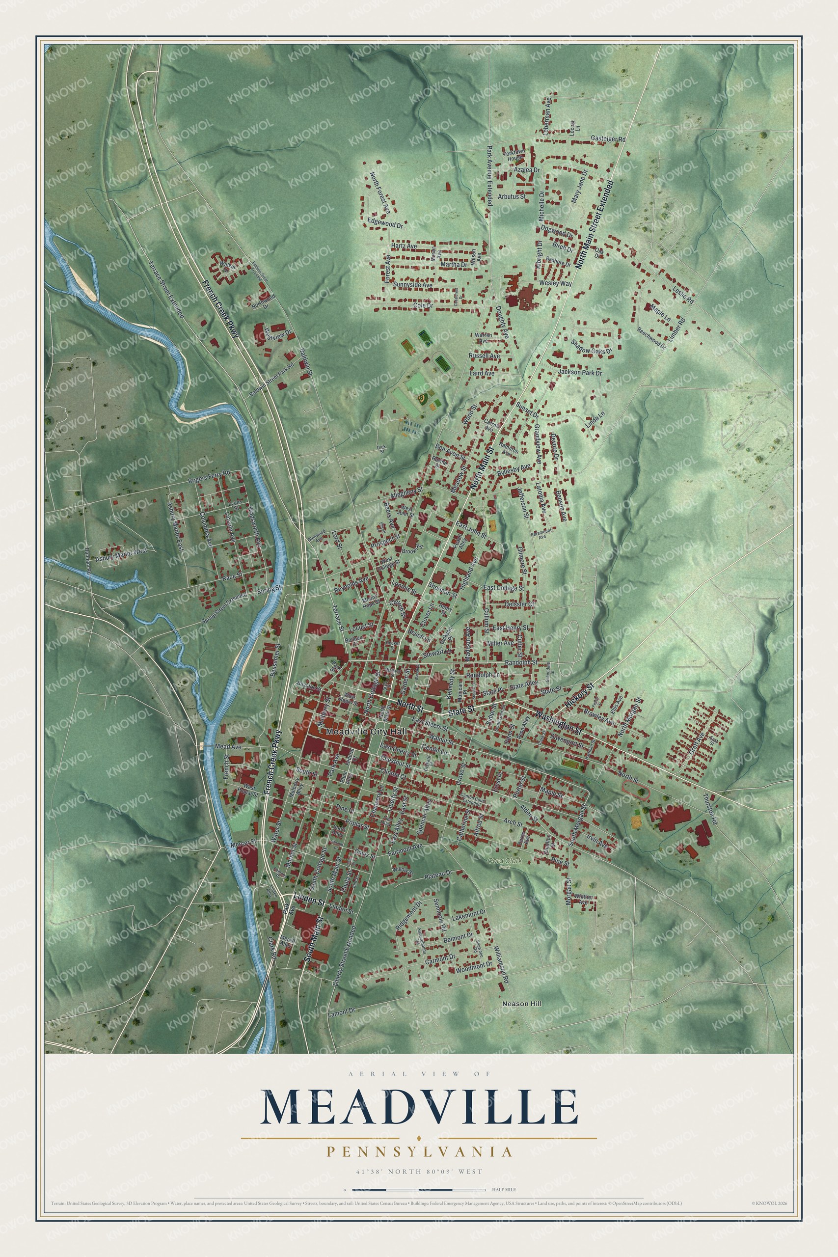 Watermarked full-map preview of Meadville, Pennsylvania