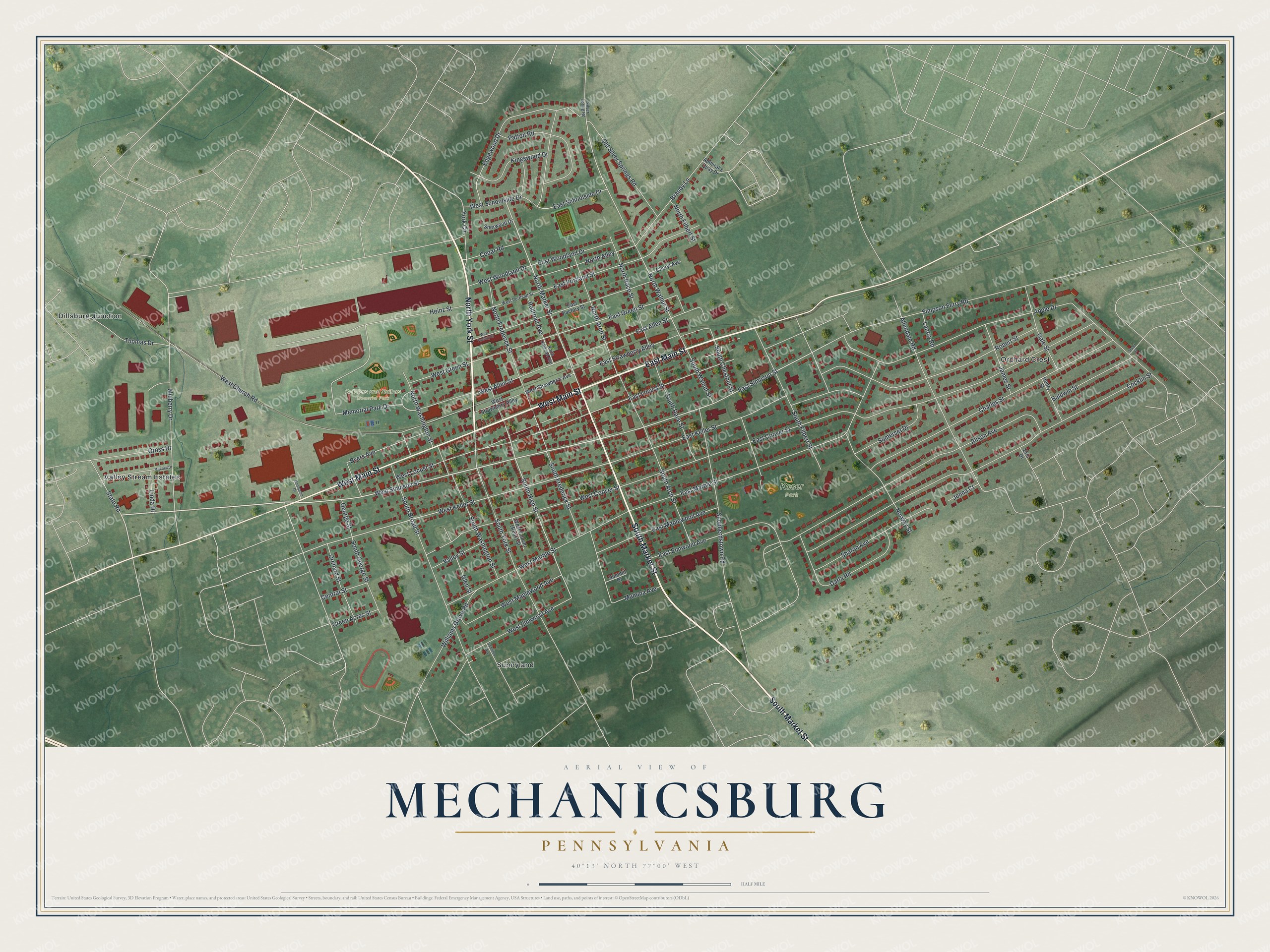 Full map of Mechanicsburg, Pennsylvania, with red buildings, printed street names and the land around them