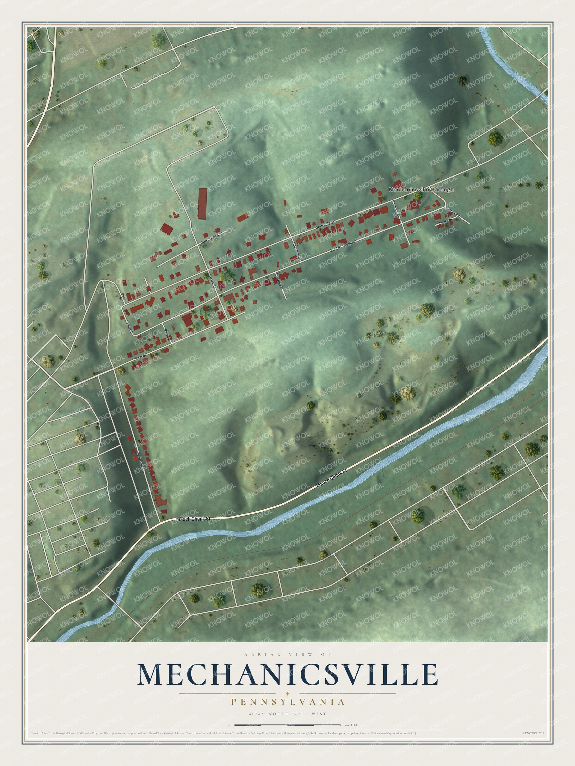 Full map of Mechanicsville, Pennsylvania, with red buildings, printed street names and the land around them