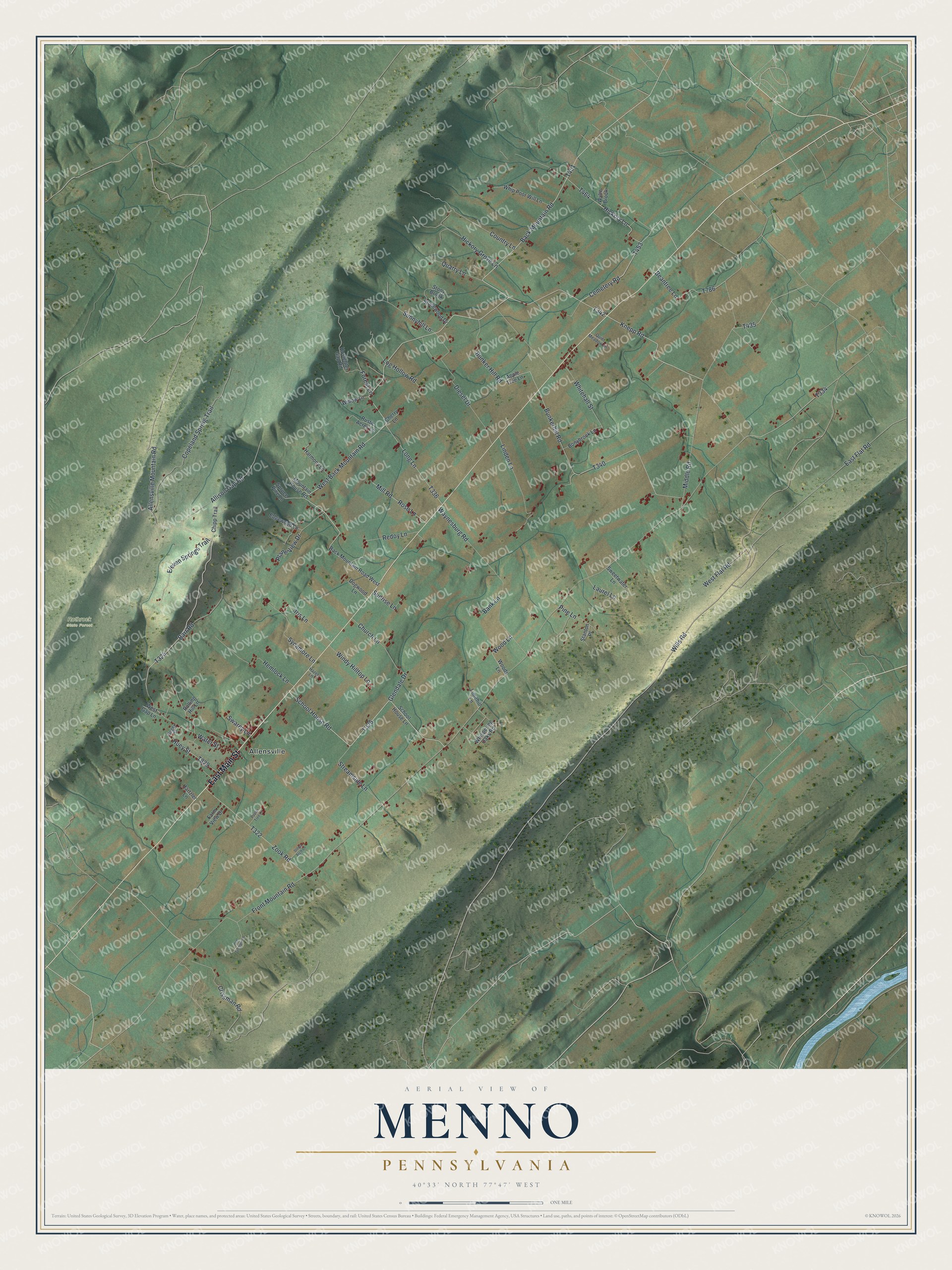 Full map of Menno, Pennsylvania, with red buildings, printed street names and the land around them