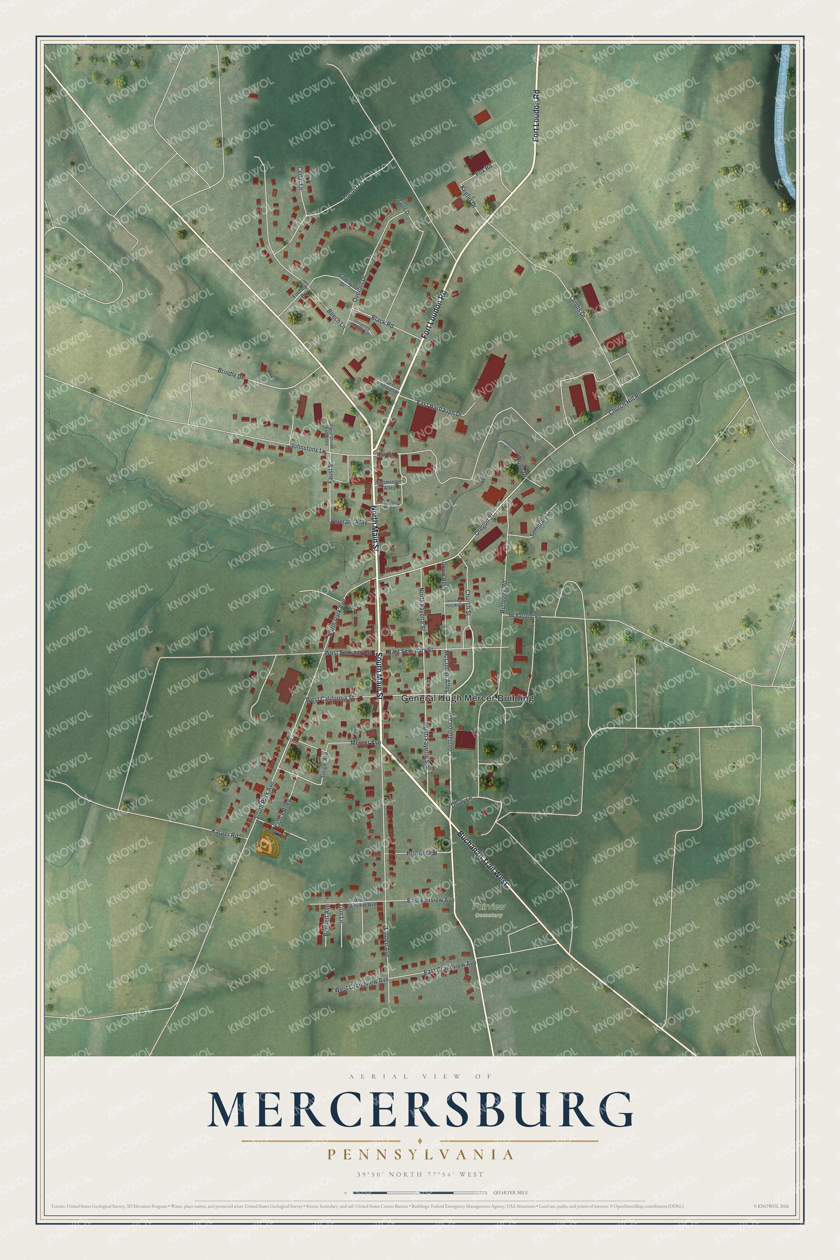 Aerial style map of Mercersburg, Pennsylvania with red buildings along Main Street, green farm fields and a cream title panel