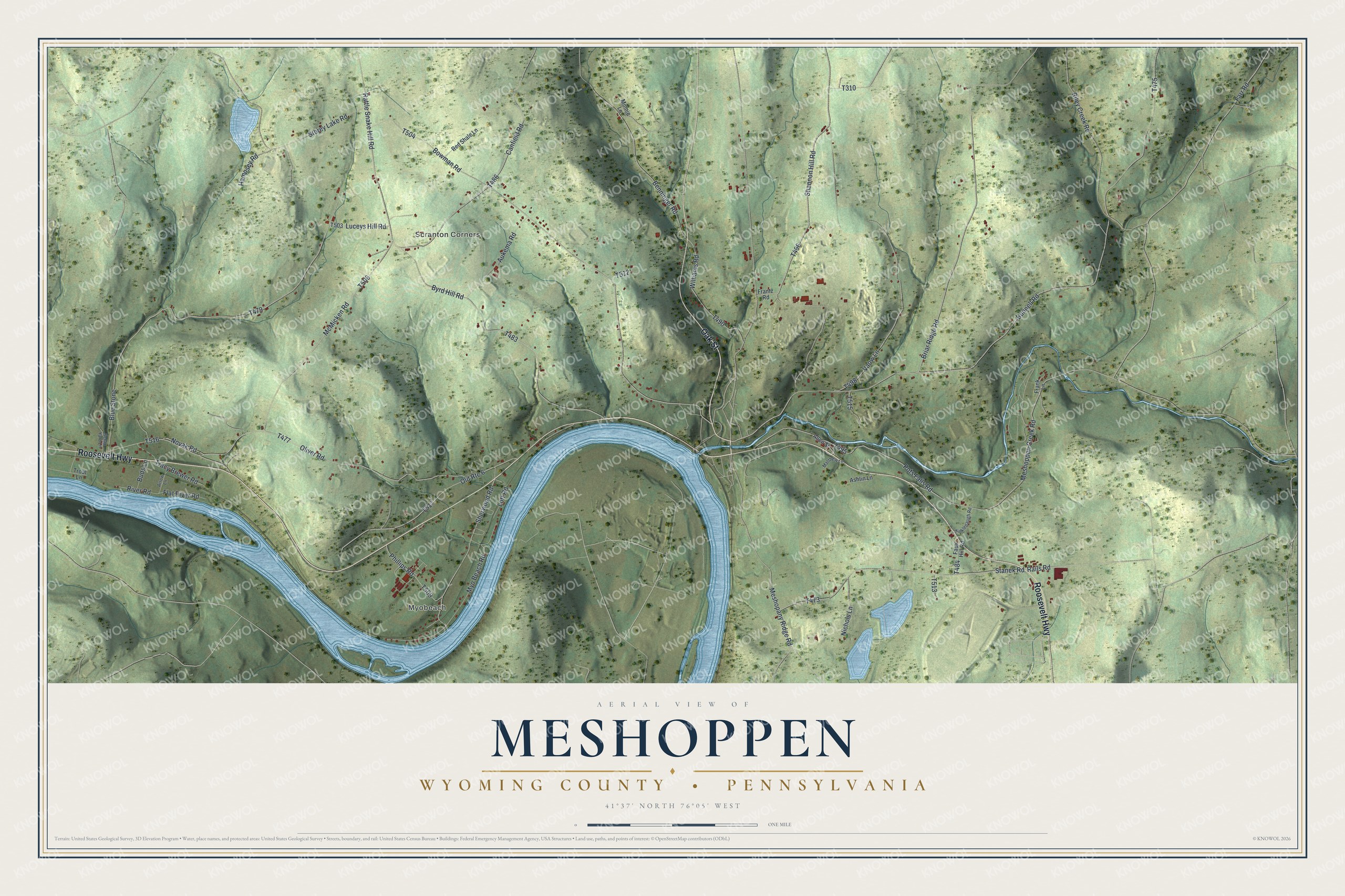 Full map of Meshoppen Township, Pennsylvania, with red buildings, printed street names and the land around them