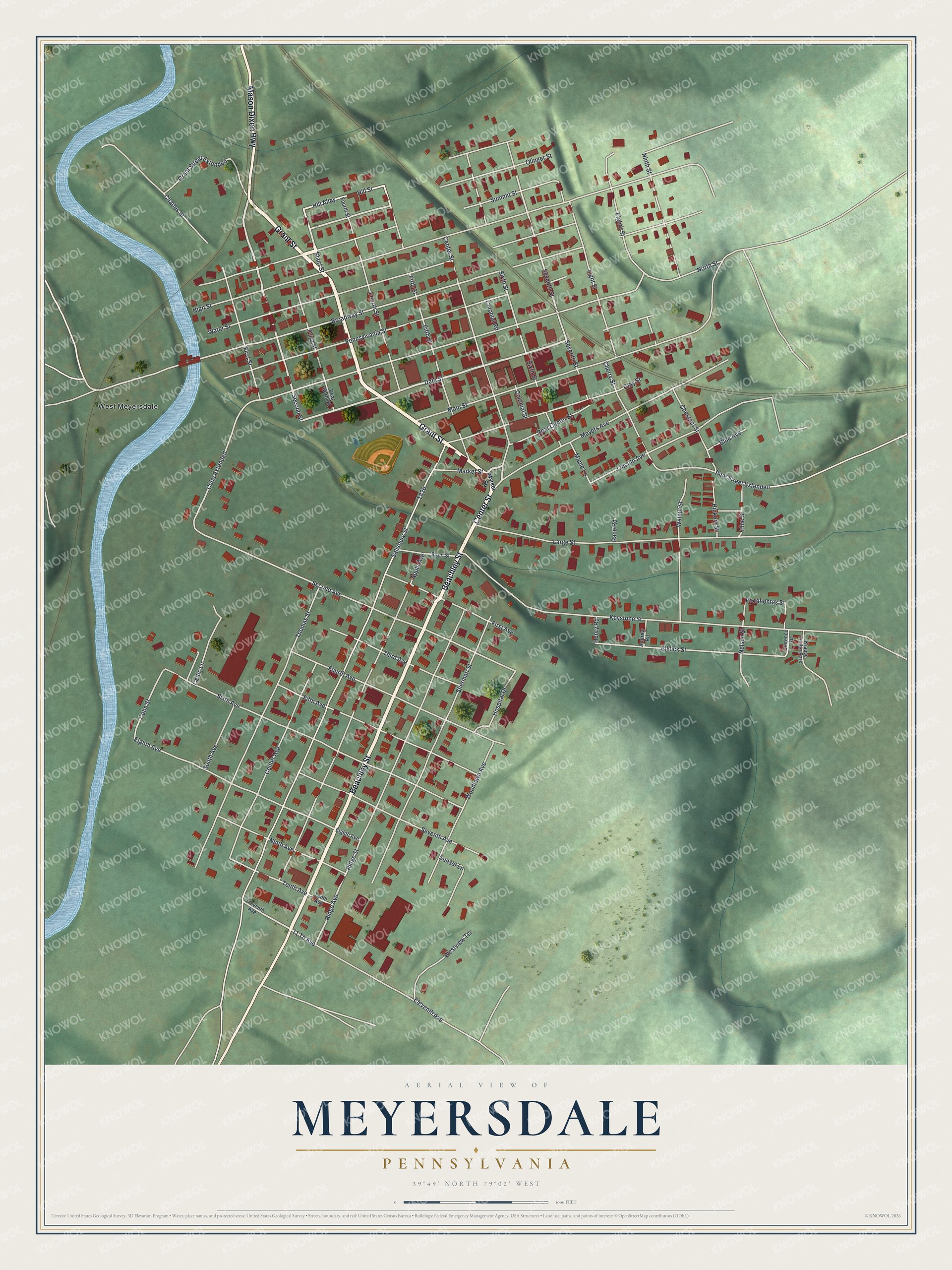 Full map of Meyersdale, Pennsylvania, with red buildings, printed street names and the land around them