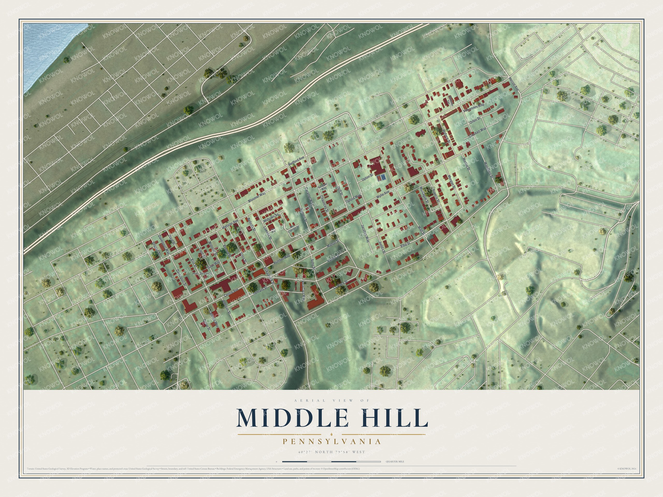 Aerial map of Middle Hill, Pennsylvania showing red buildings on a green ridge, with rail tracks and river in the top left corner