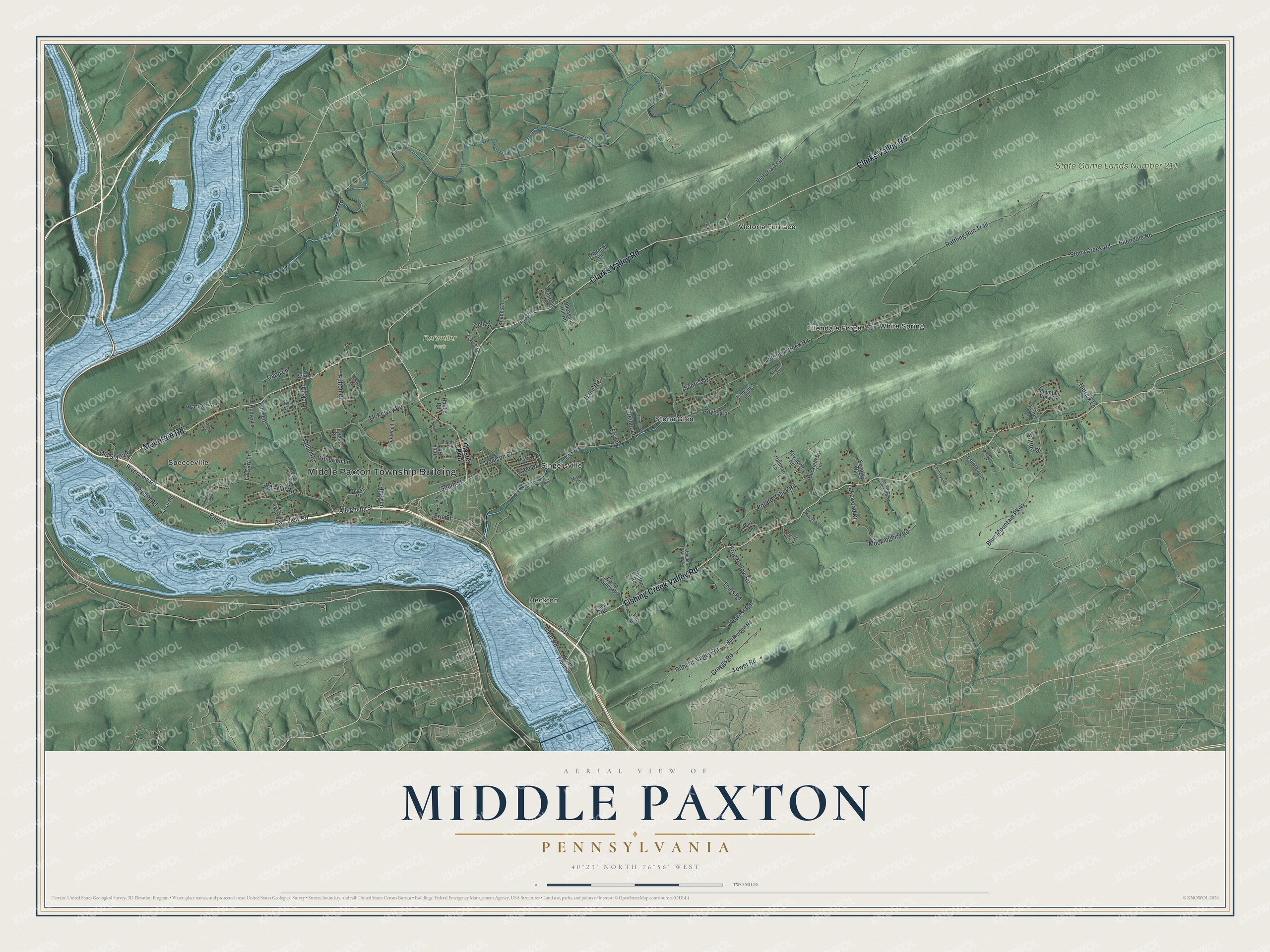 Full map of Middle Paxton, Pennsylvania, with red buildings, printed street names and the land around them