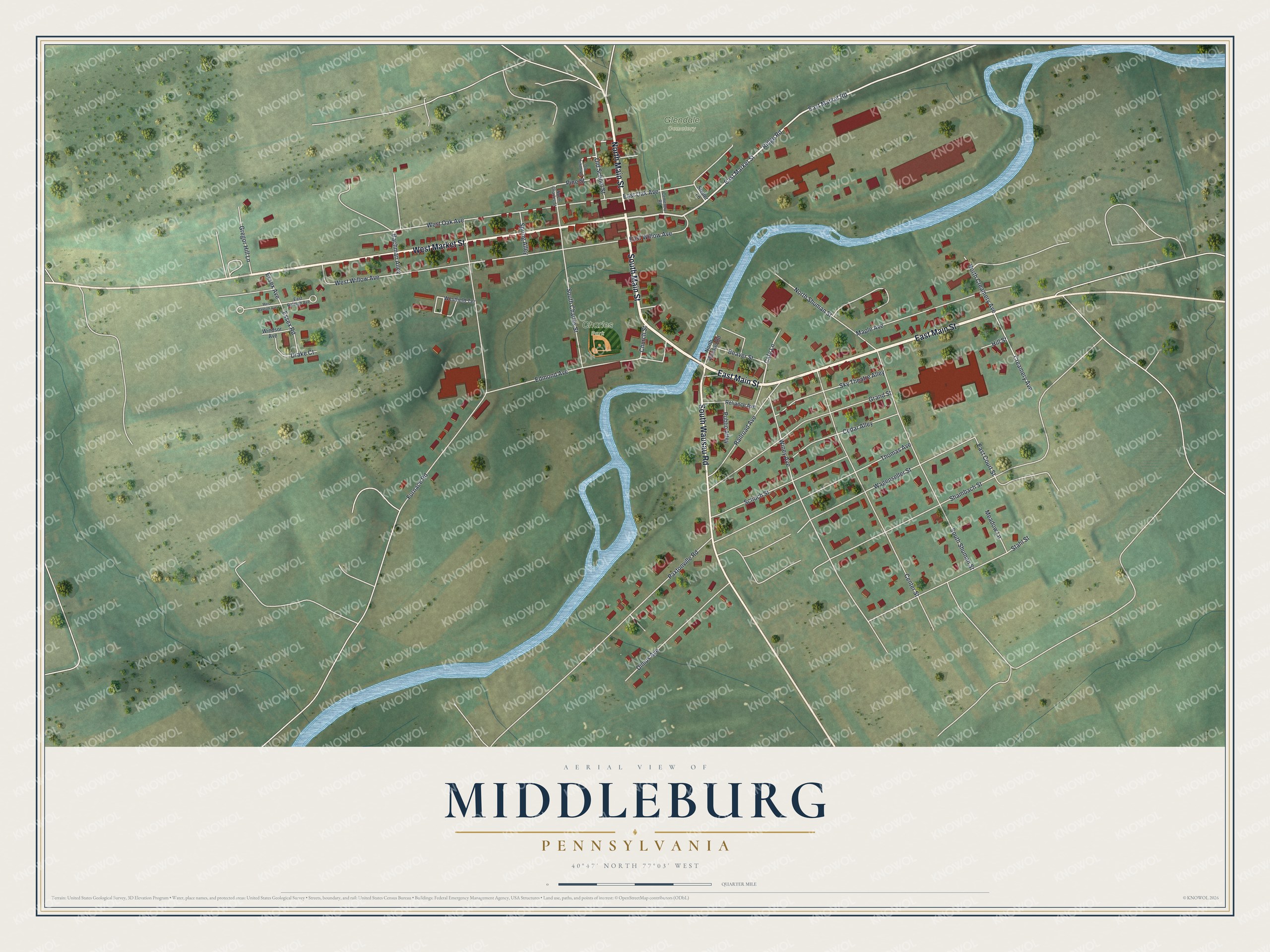 Full map of Middleburg, Pennsylvania, with red buildings, printed street names and the land around them