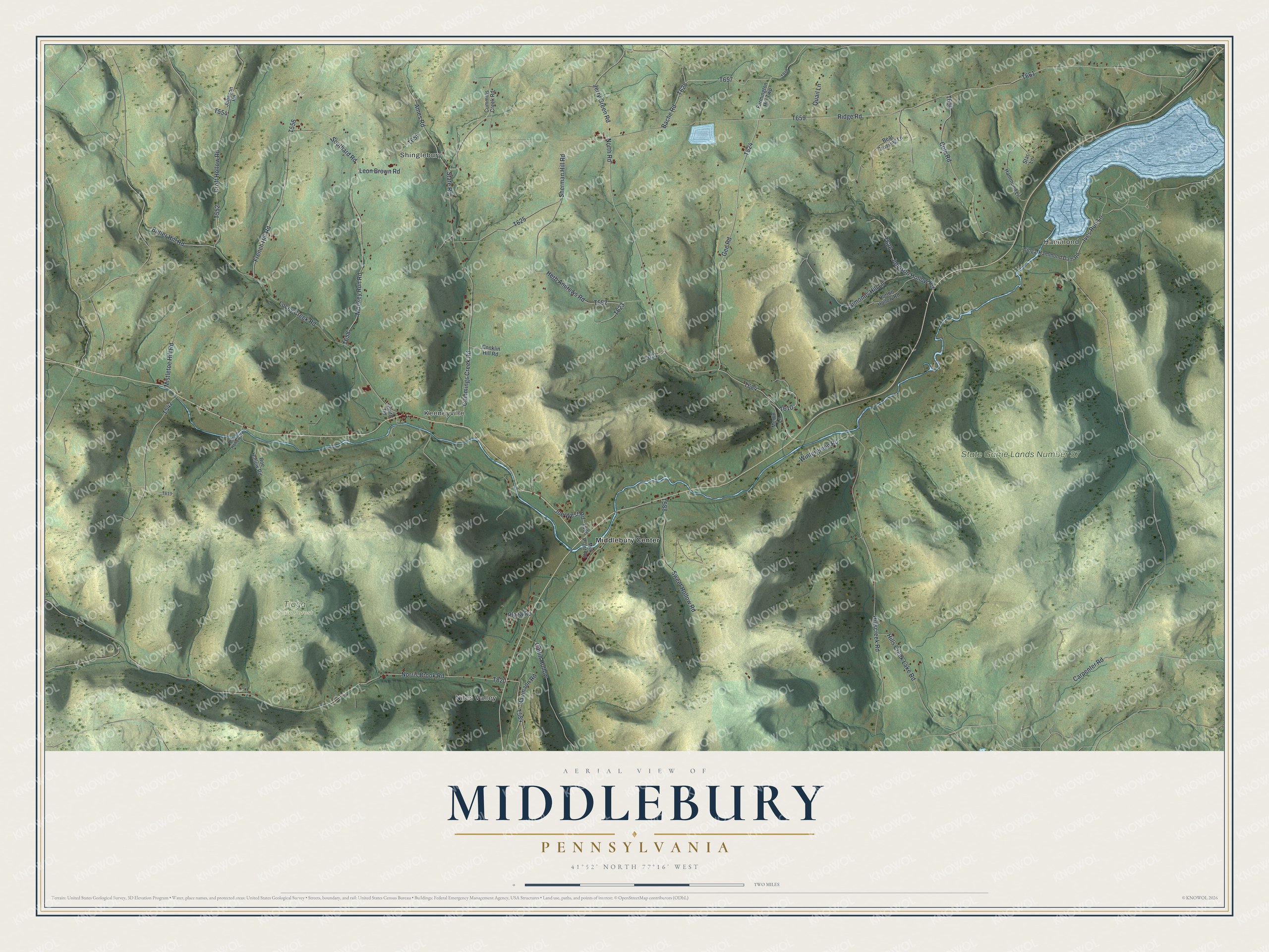 Full map of Middlebury, Pennsylvania, with red buildings, printed street names and the land around them