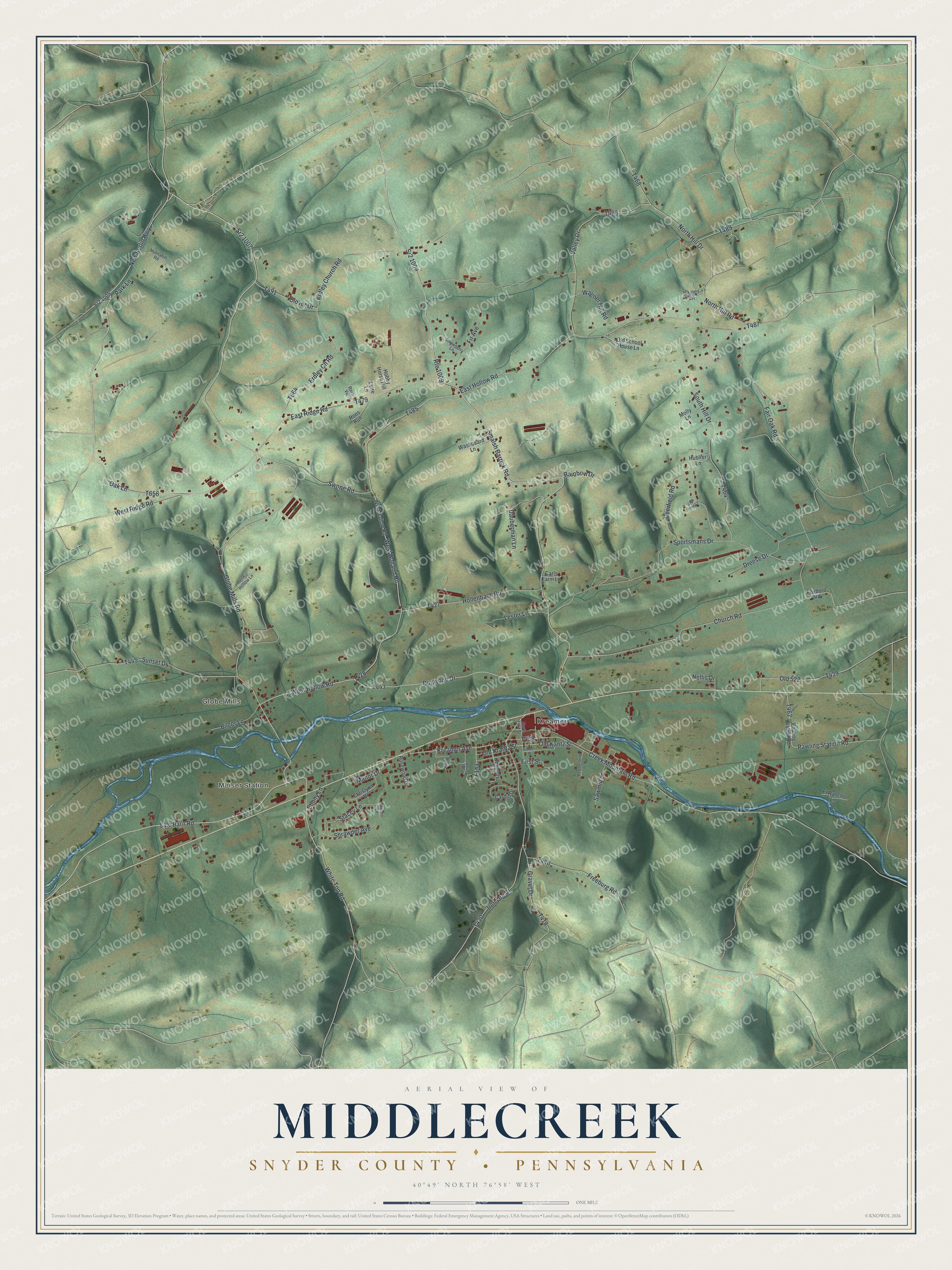 Full map of Middlecreek, Snyder County, Pennsylvania, with red buildings, printed street names and the land around them